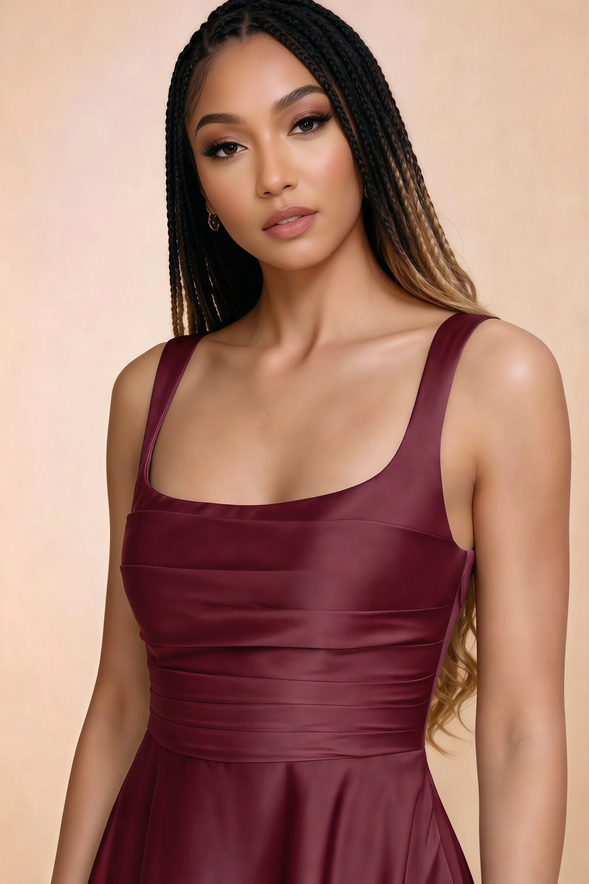 Close-up of Becky mulberry square neckline, shoulder straps and horizontal bodice pleats