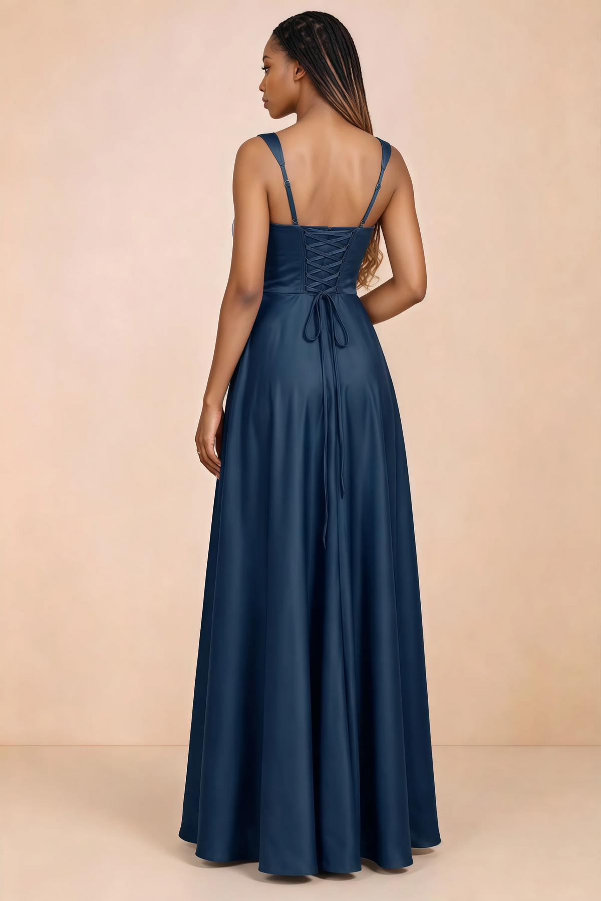 Back studio view of Becky navy satin maxi dress showing shoulder straps and waist-length lacing