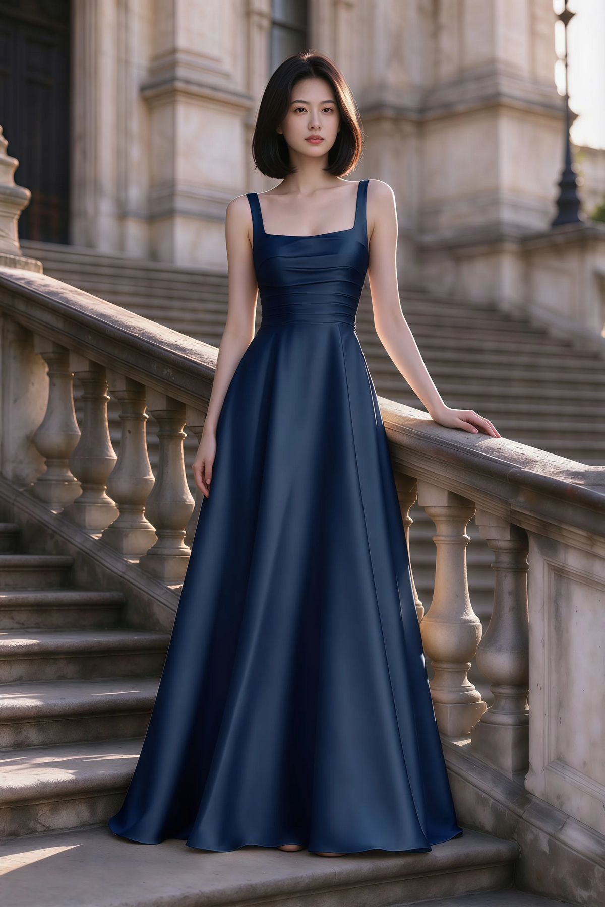 Outdoor front view of Becky navy satin maxi dress on stone steps with a floor-length A-line skirt