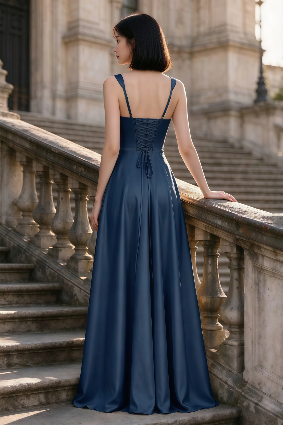 Outdoor rear view of Becky navy satin maxi dress showing adjustable straps and the lace-up back
