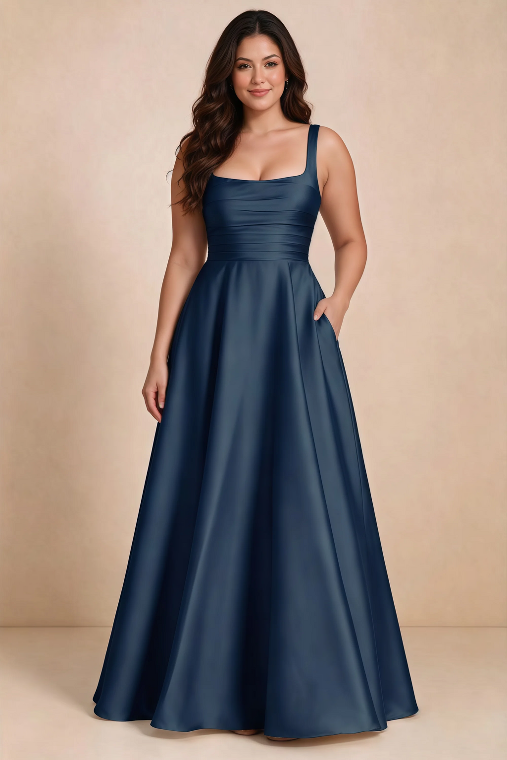 Front studio view of Becky navy satin maxi dress showing the defined waist and flowing skirt