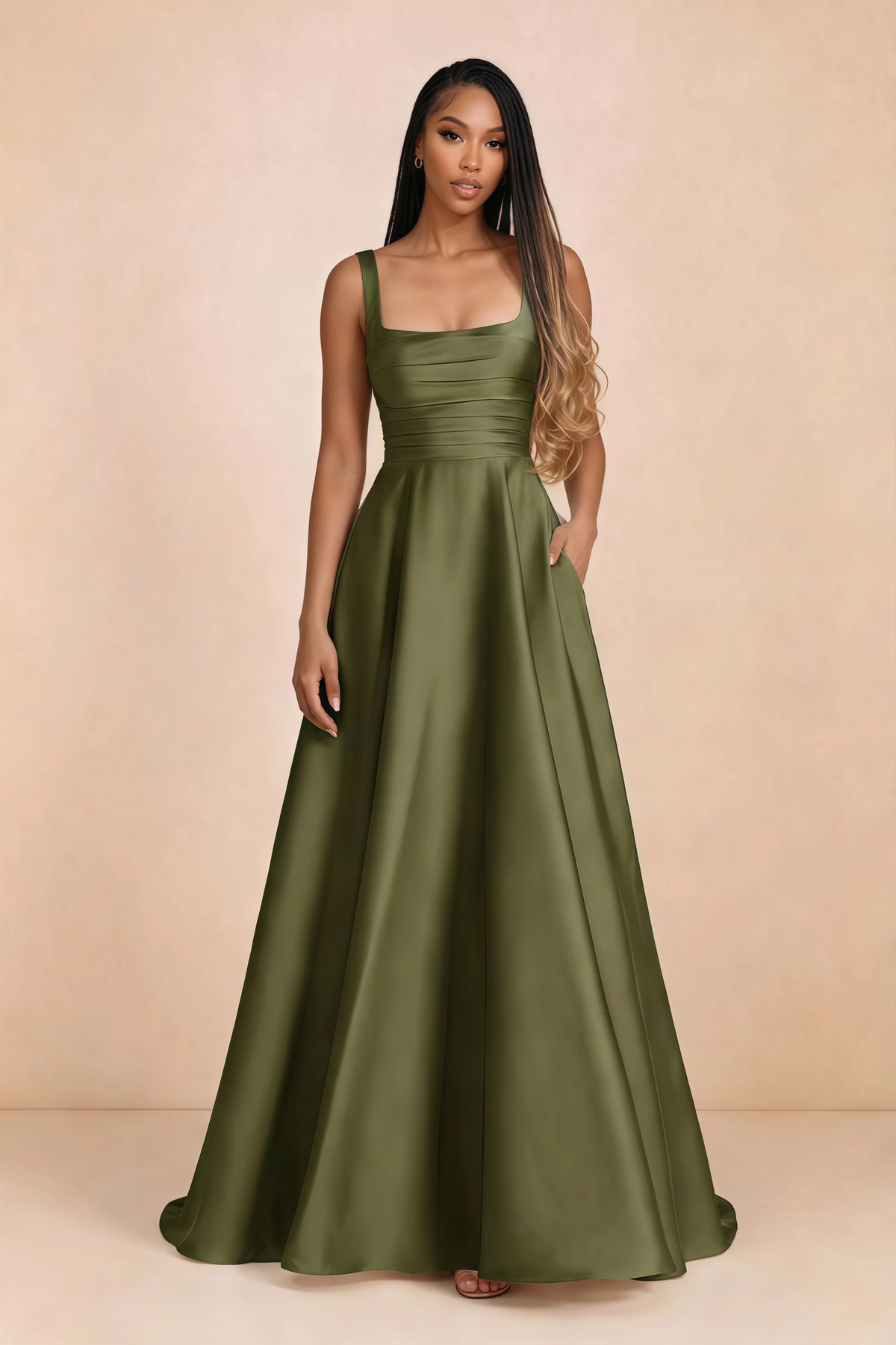 Front studio view of Becky olive satin maxi dress showing the square neckline, pleated bodice and full A-line skirt