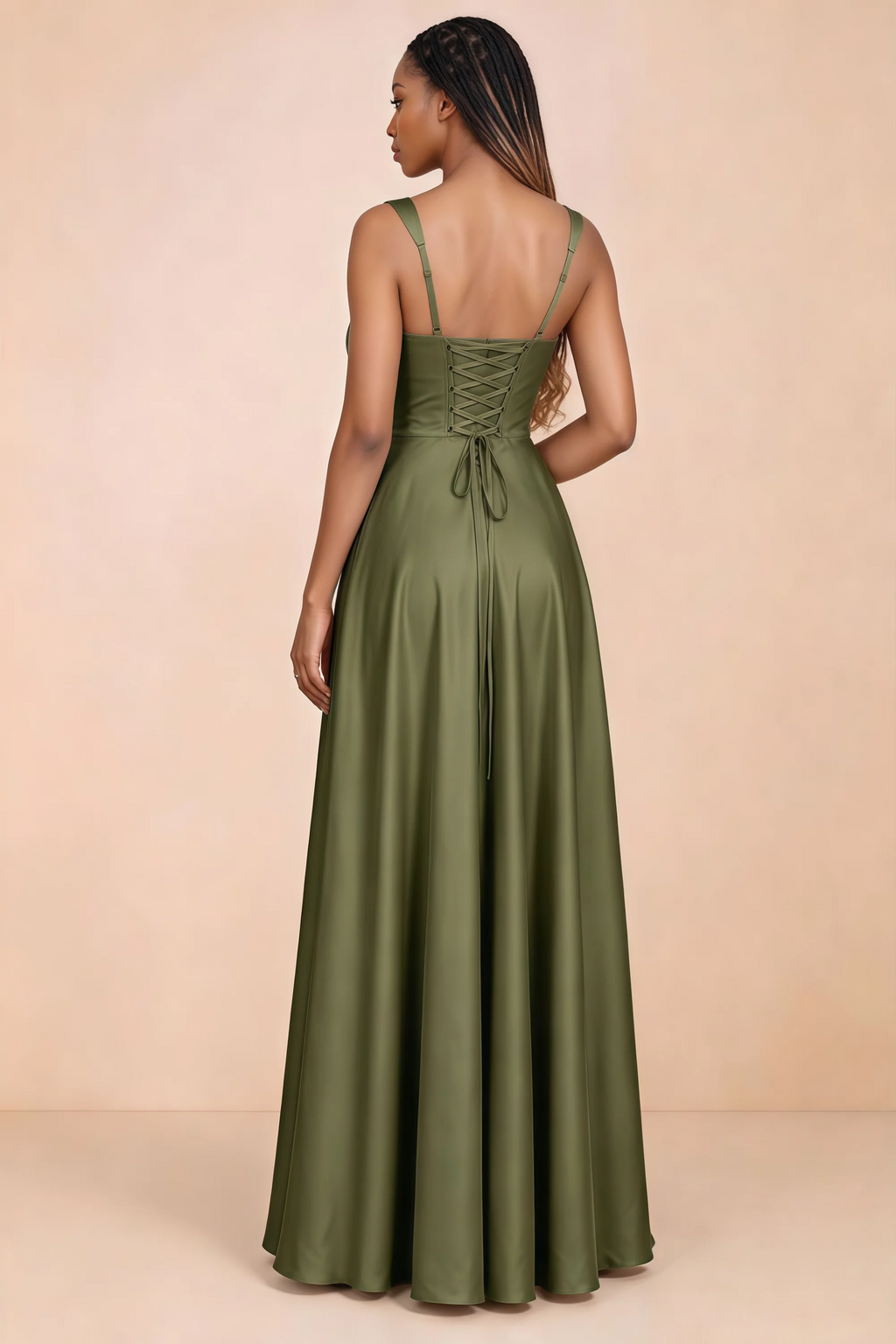 Back studio view of Becky olive satin maxi dress showing shoulder straps and waist-length lacing