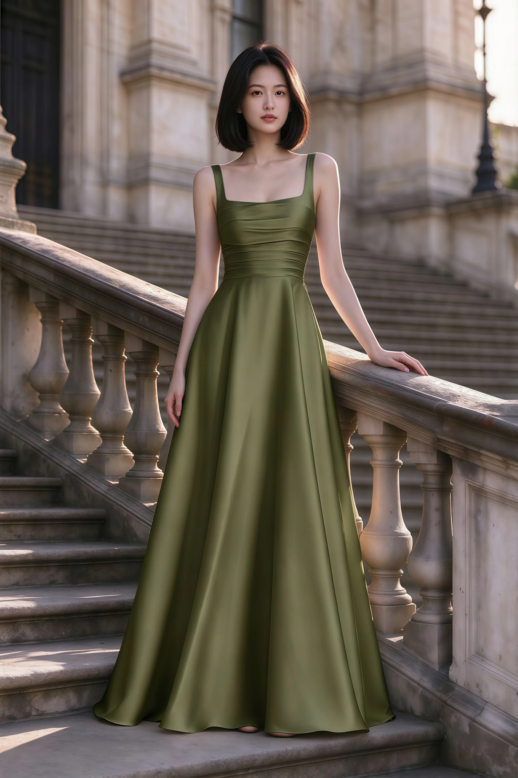 Outdoor front view of Becky olive satin maxi dress on stone steps with a floor-length A-line skirt