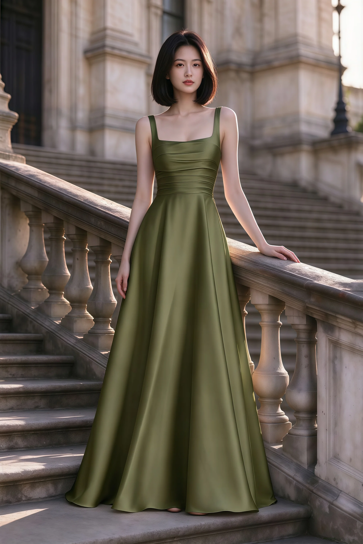 Outdoor front view of Becky olive satin maxi dress on stone steps with a floor-length A-line skirt