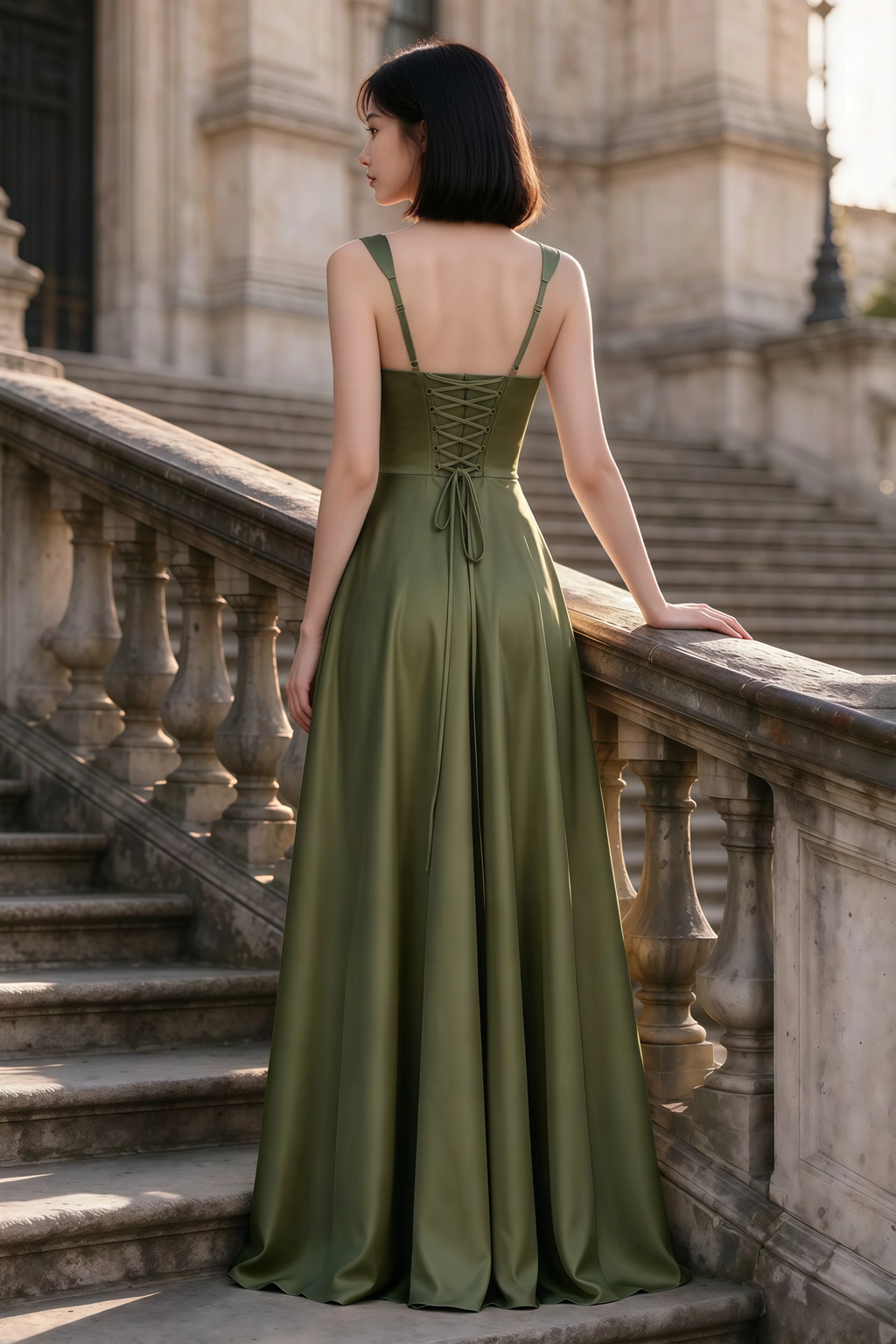 Outdoor rear view of Becky olive satin maxi dress showing adjustable straps and the lace-up back