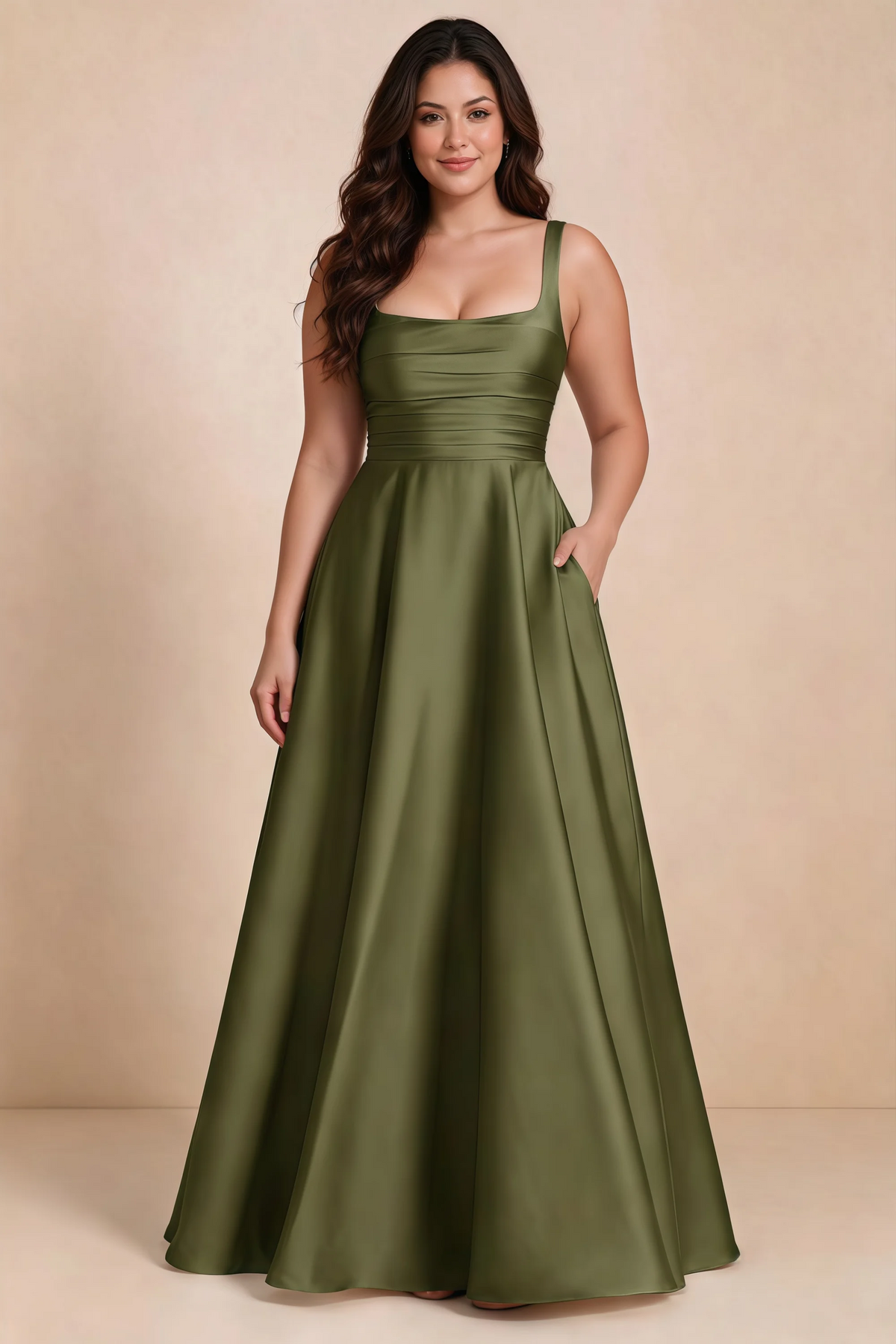 Front studio view of Becky olive satin maxi dress showing the defined waist and flowing skirt