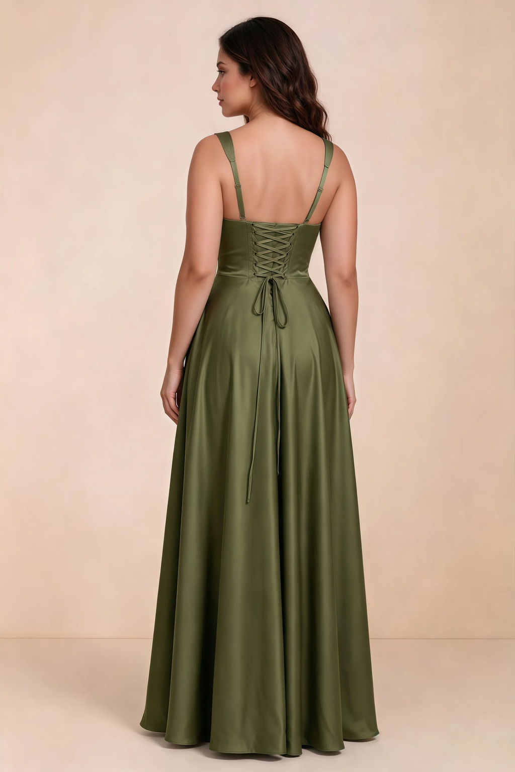 Rear studio view of Becky olive satin maxi dress showing crossed back lacing above the full skirt