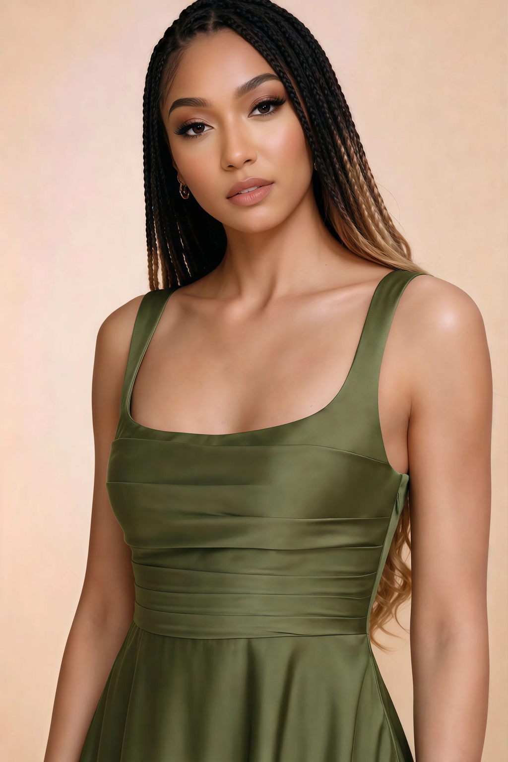 Close-up of Becky olive square neckline, shoulder straps and horizontal bodice pleats