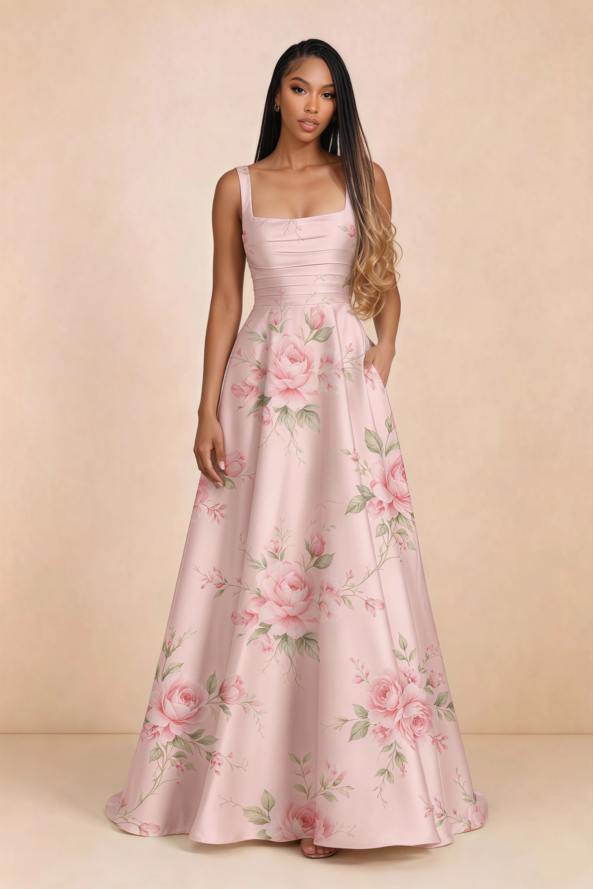Front studio view of Becky pink floral satin maxi dress showing the square neckline, pleated bodice and full A-line skirt