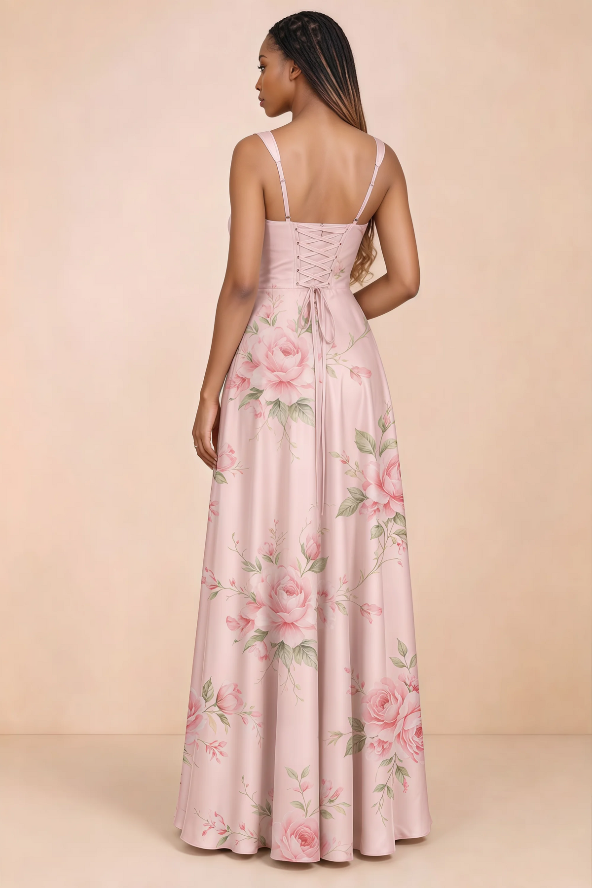 Back studio view of Becky pink floral satin maxi dress showing shoulder straps and waist-length lacing