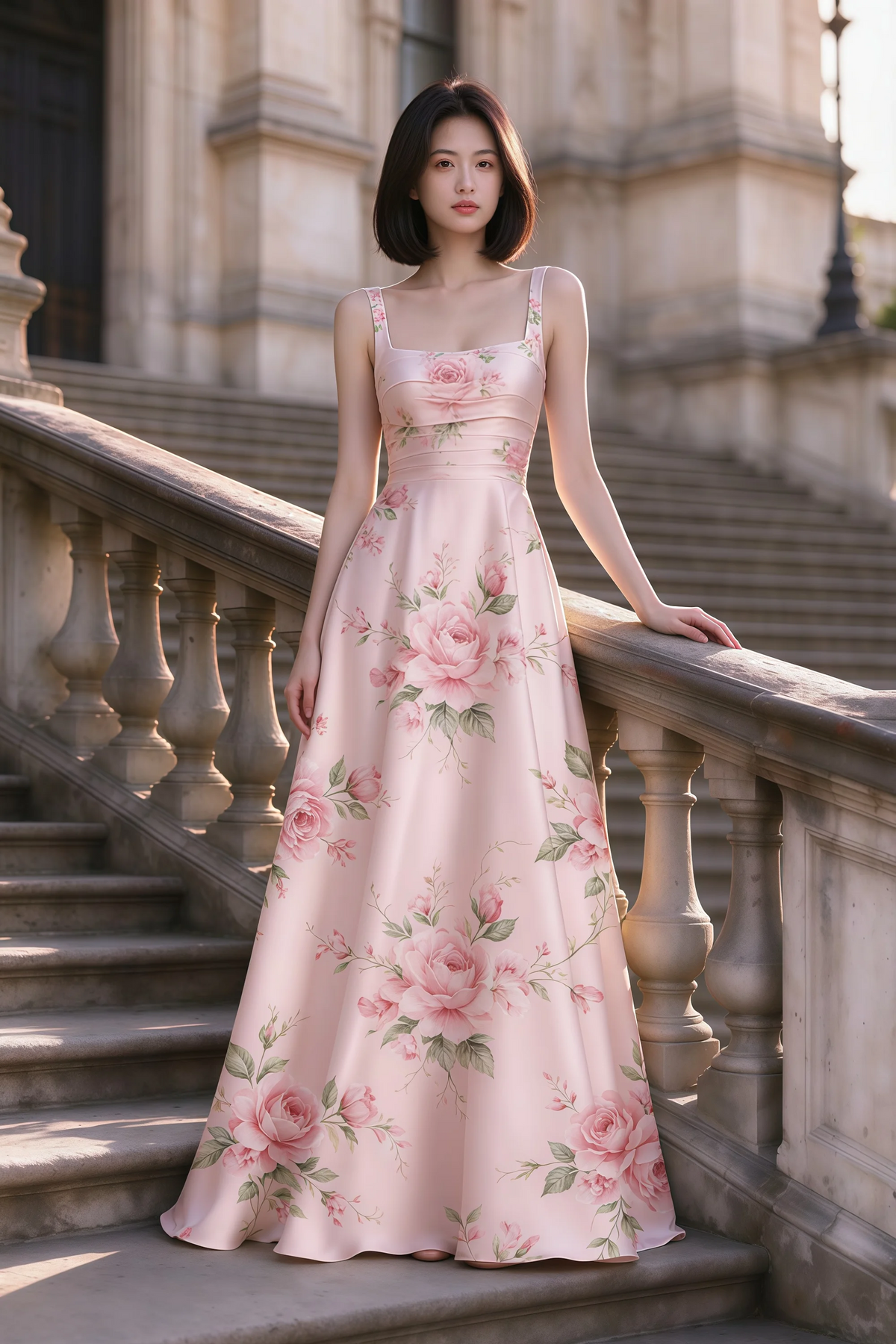 Outdoor front view of Becky pink floral satin maxi dress on stone steps with a floor-length A-line skirt