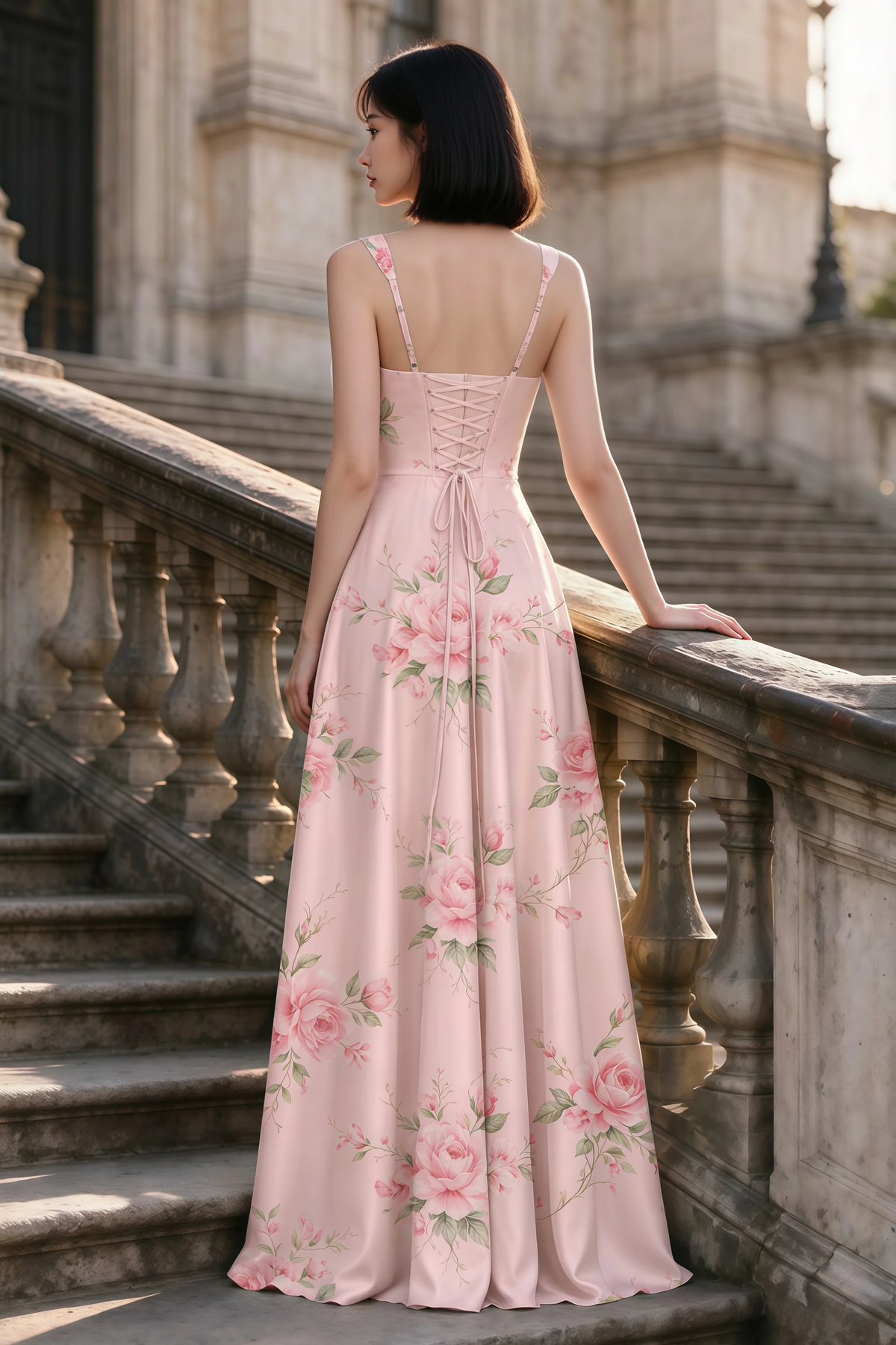 Outdoor rear view of Becky pink floral satin maxi dress showing adjustable straps and the lace-up back
