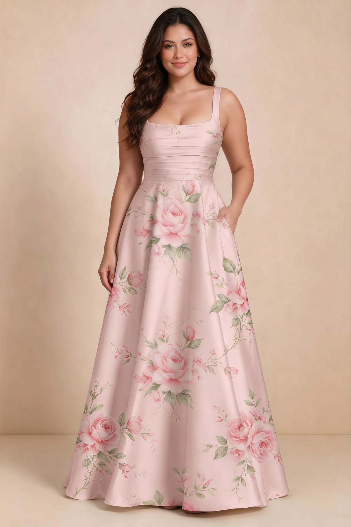 Front studio view of Becky pink floral satin maxi dress showing the defined waist and flowing skirt