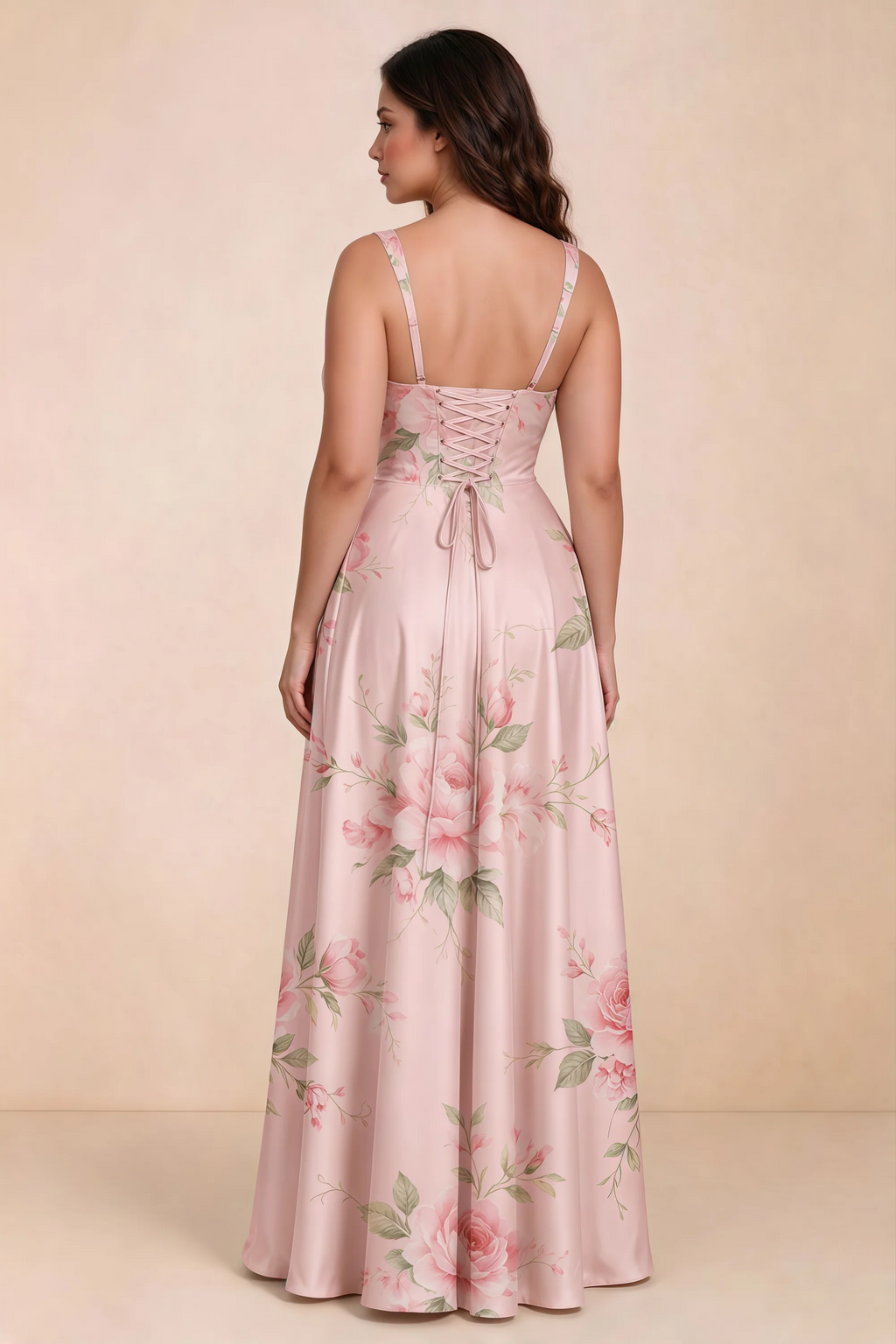 Rear studio view of Becky pink floral satin maxi dress showing crossed back lacing above the full skirt