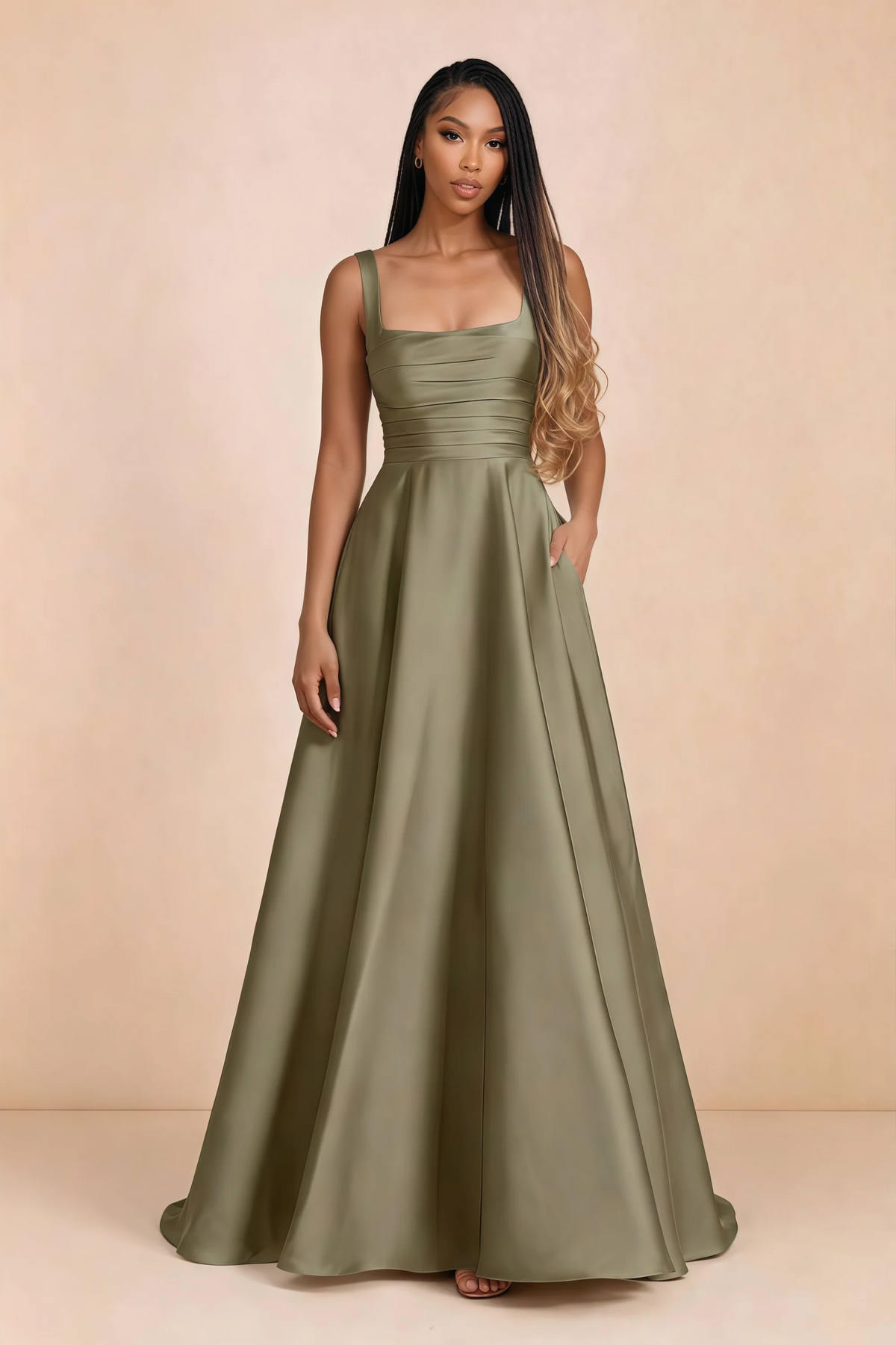 Front studio view of Becky pistachio satin maxi dress showing the square neckline, pleated bodice and full A-line skirt