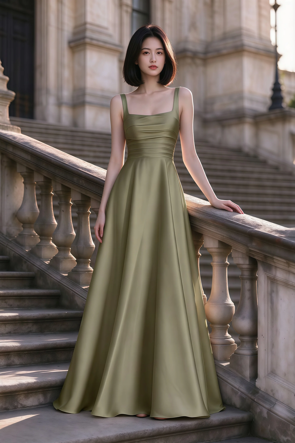 Outdoor front view of Becky pistachio satin maxi dress on stone steps with a floor-length A-line skirt