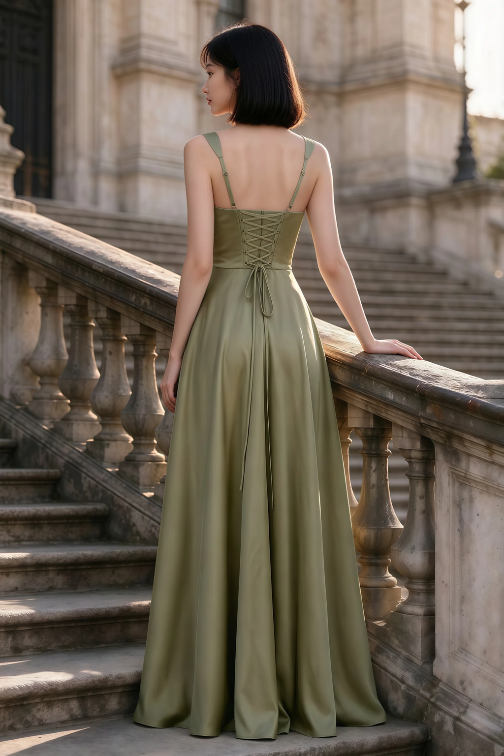 Outdoor rear view of Becky pistachio satin maxi dress showing adjustable straps and the lace-up back