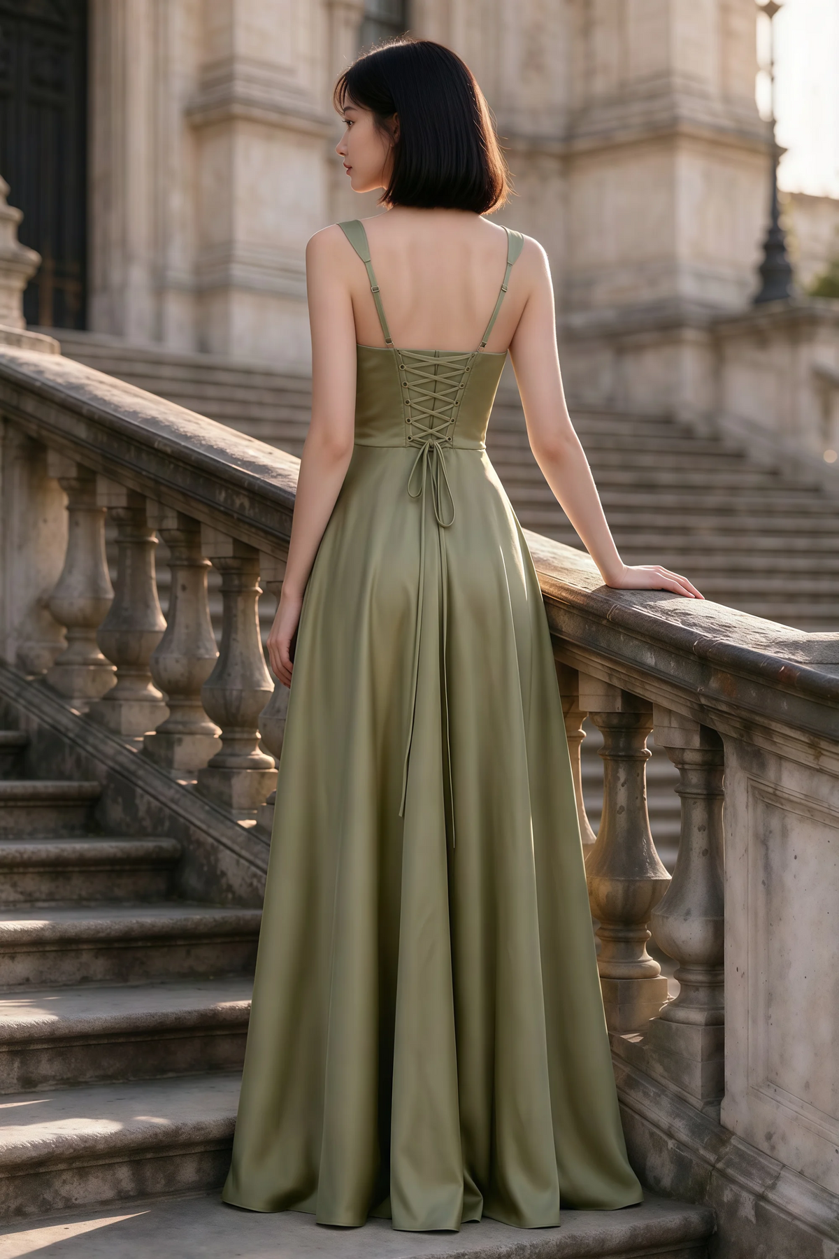 Outdoor rear view of Becky pistachio satin maxi dress showing adjustable straps and the lace-up back