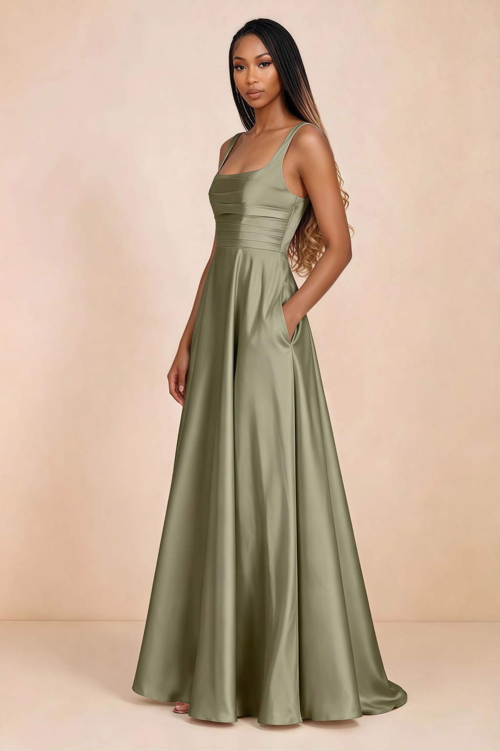 Three-quarter studio view of Becky pistachio satin maxi dress with a hand resting in the side pocket
