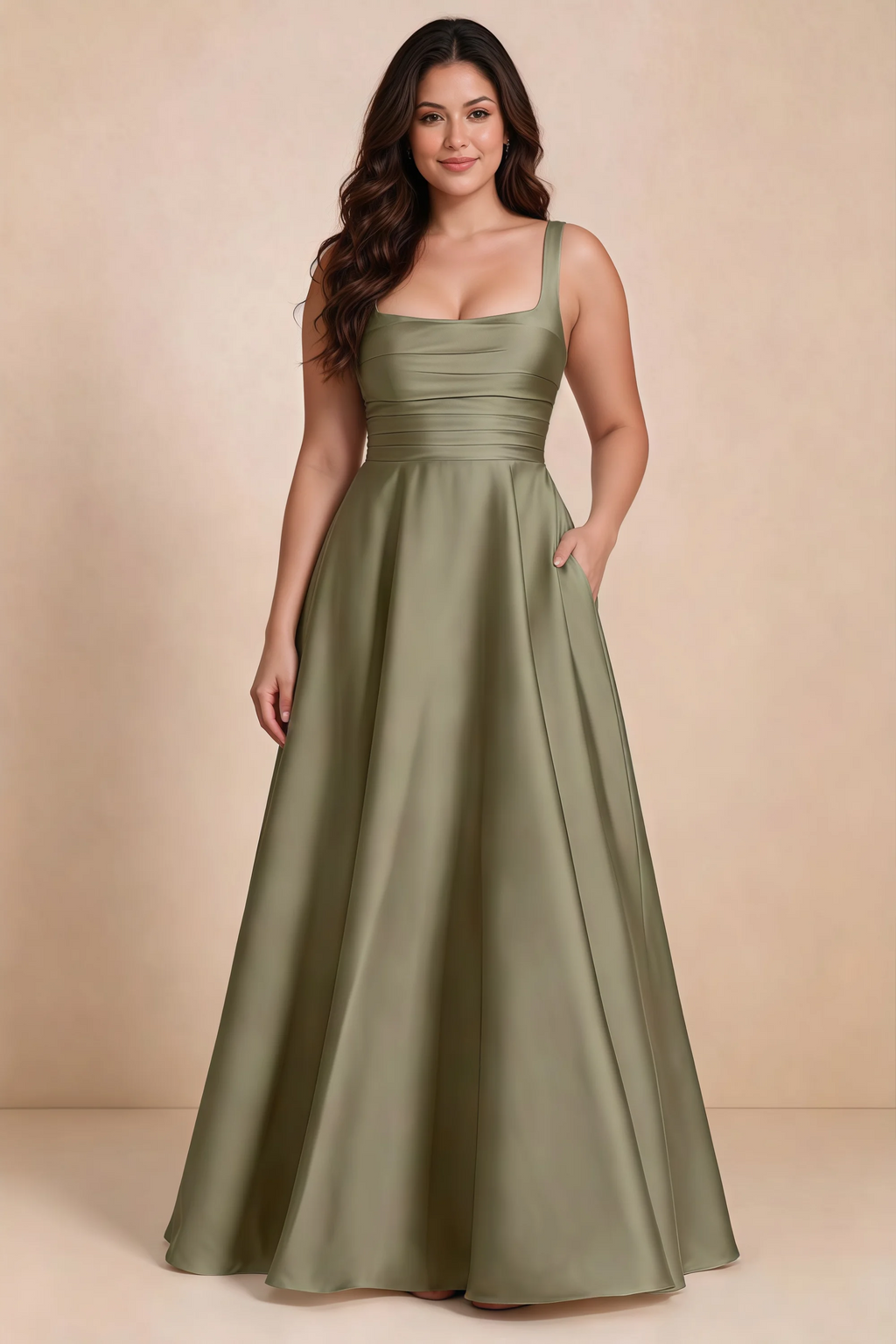 Front studio view of Becky pistachio satin maxi dress showing the defined waist and flowing skirt