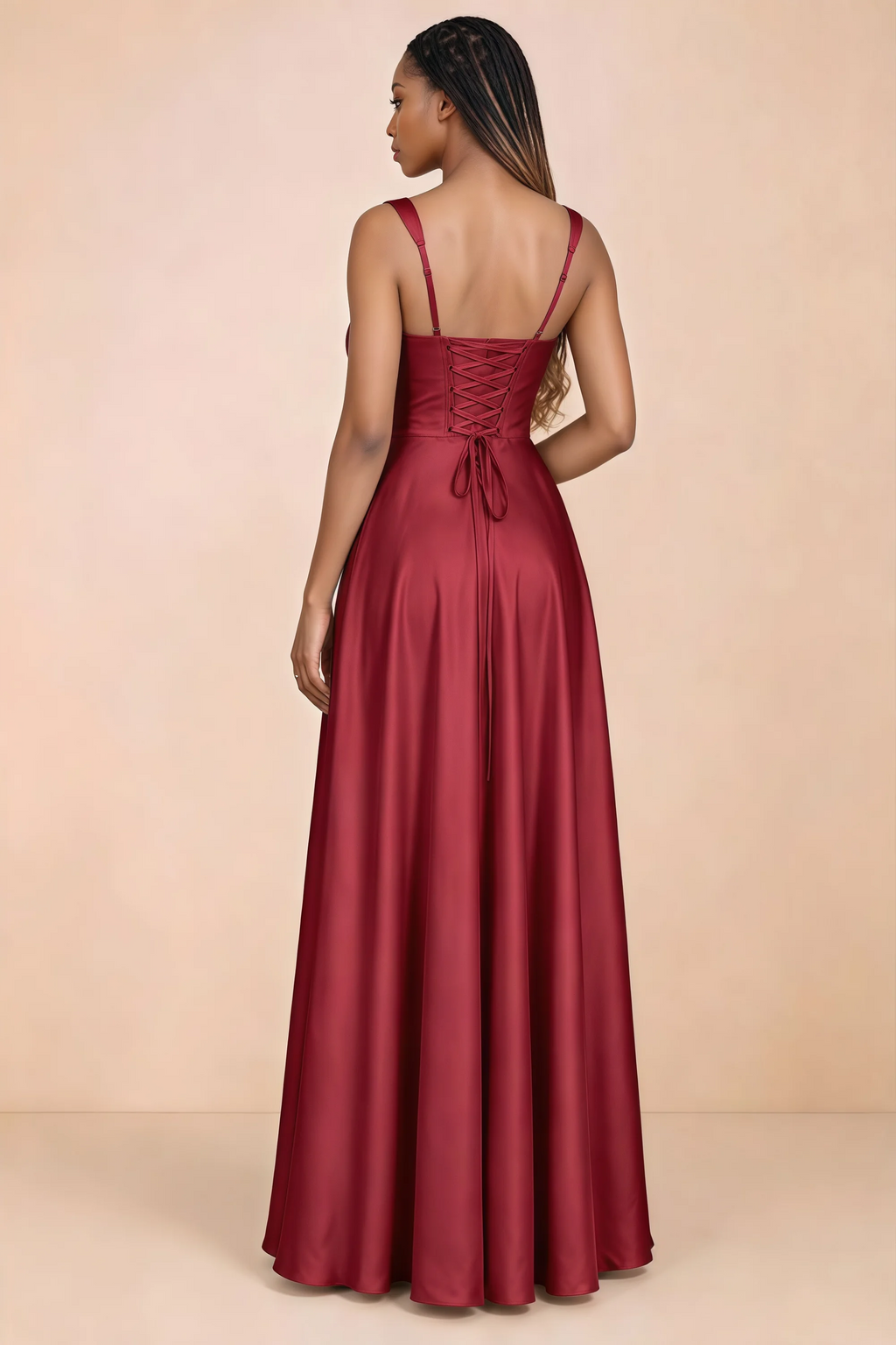 Back studio view of Becky red satin maxi dress showing shoulder straps and waist-length lacing