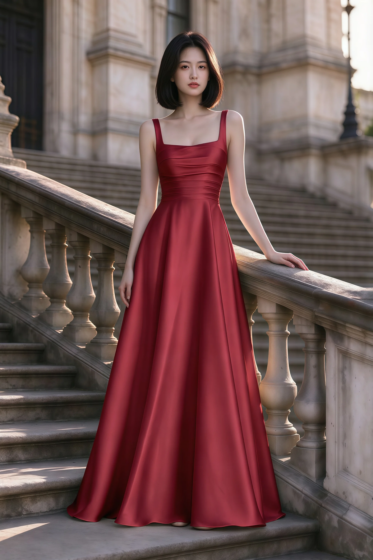 Outdoor front view of Becky red satin maxi dress on stone steps with a floor-length A-line skirt