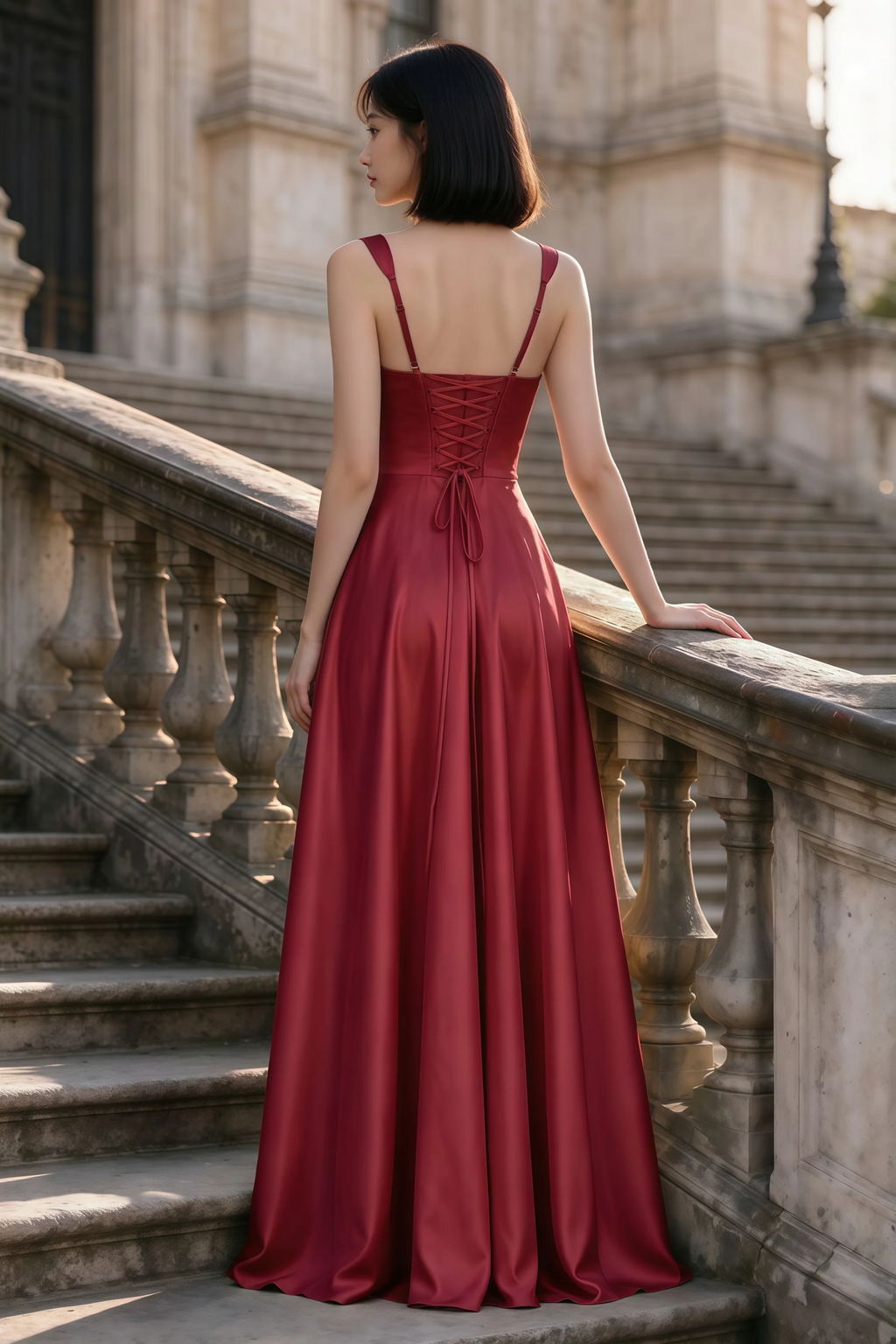 Outdoor rear view of Becky red satin maxi dress showing adjustable straps and the lace-up back