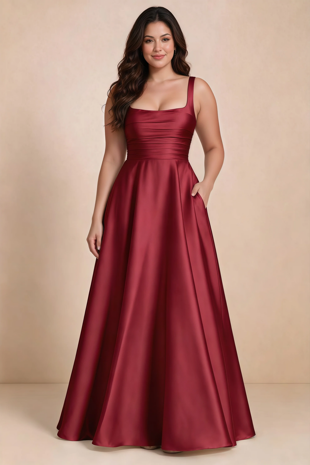 Front studio view of Becky red satin maxi dress showing the defined waist and flowing skirt