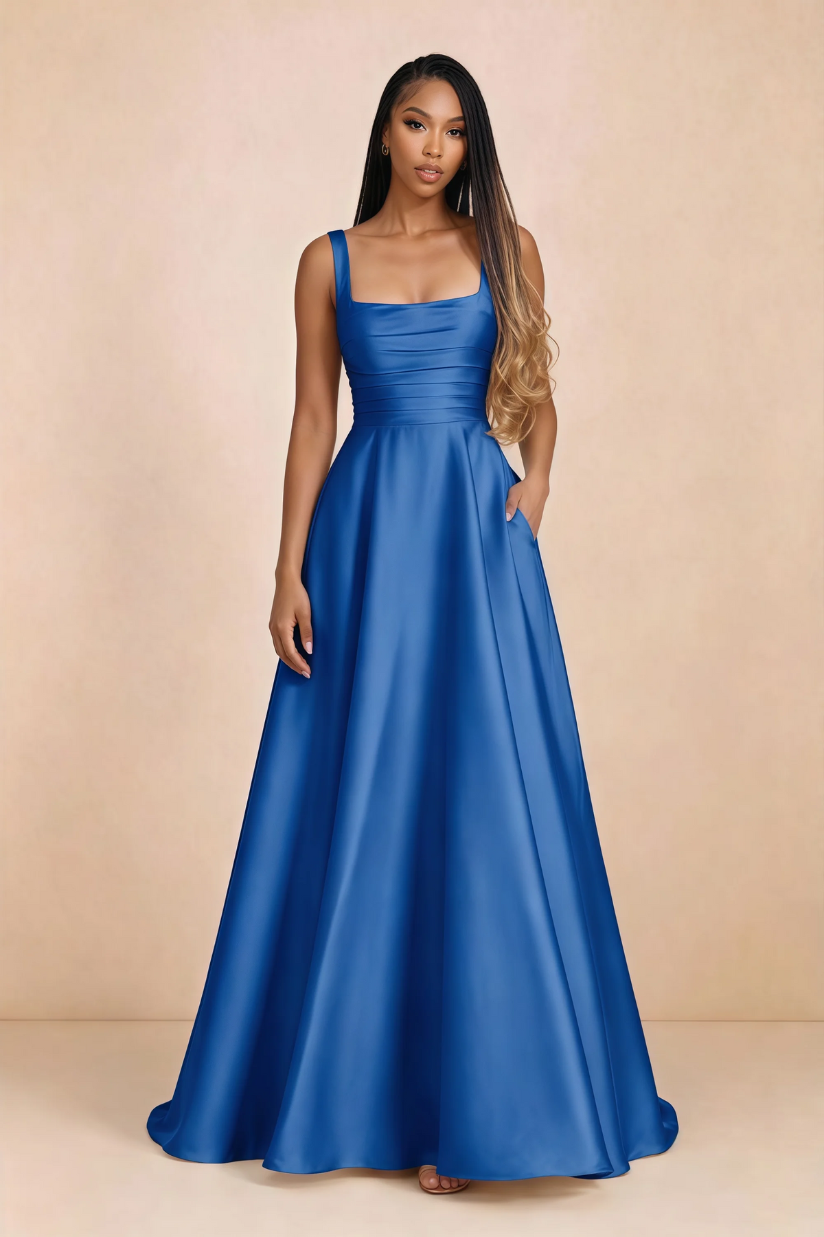 Front studio view of Becky royal blue satin maxi dress showing the square neckline, pleated bodice and full A-line skirt