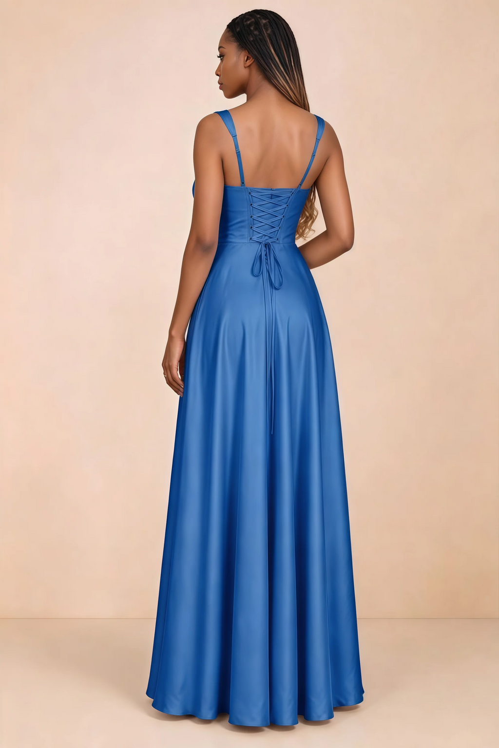 Back studio view of Becky royal blue satin maxi dress showing shoulder straps and waist-length lacing