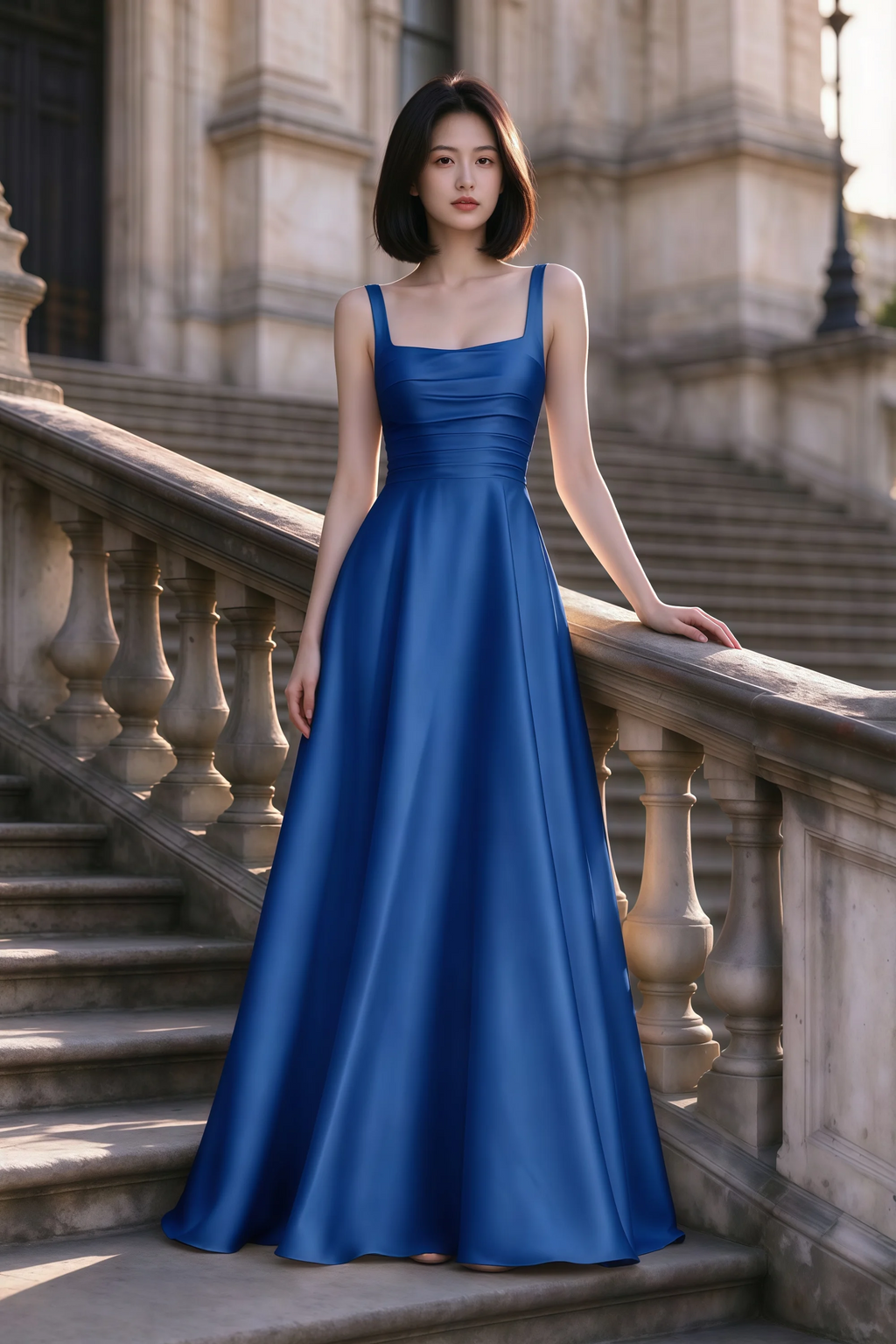 Outdoor front view of Becky royal blue satin maxi dress on stone steps with a floor-length A-line skirt