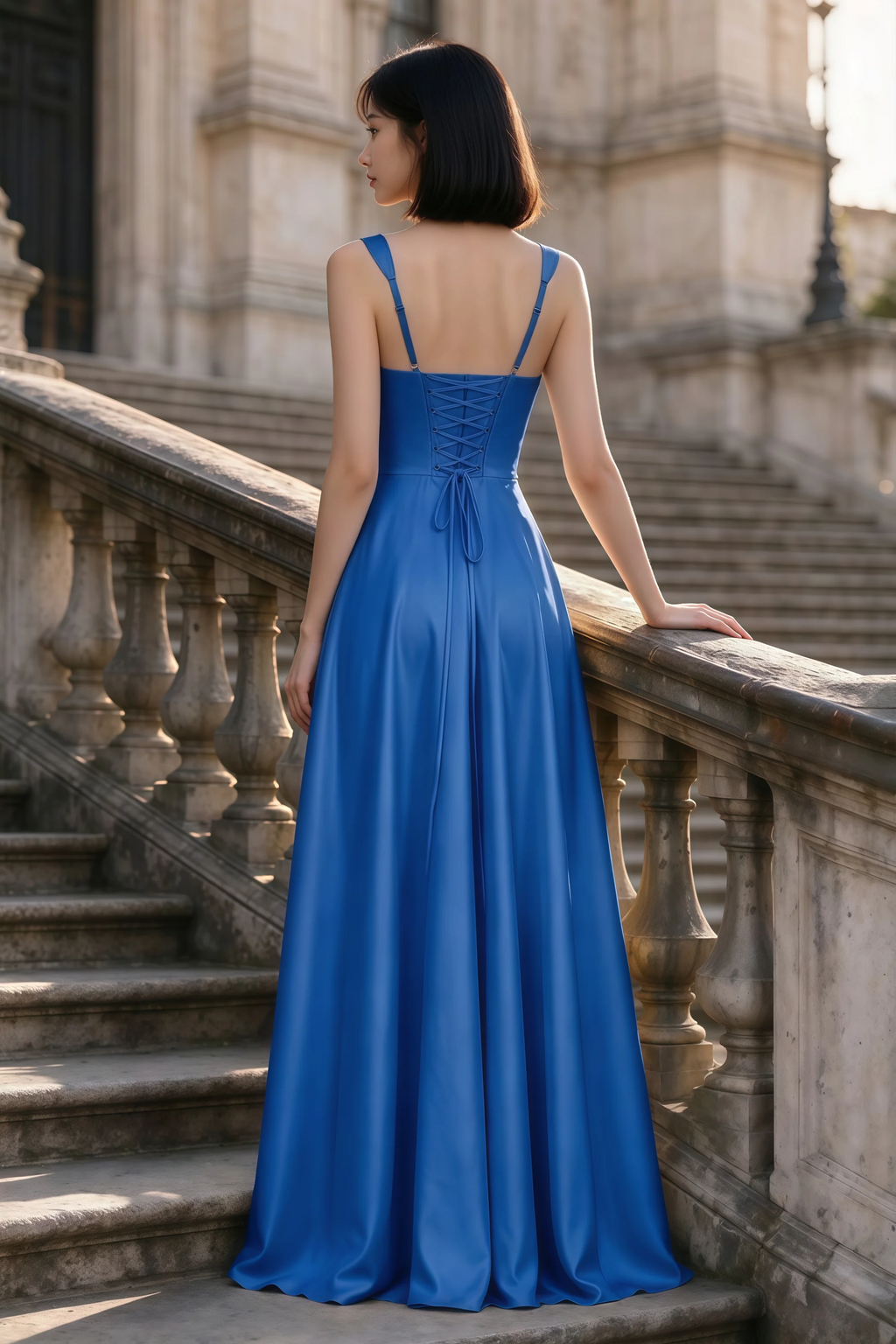 Outdoor rear view of Becky royal blue satin maxi dress showing adjustable straps and the lace-up back