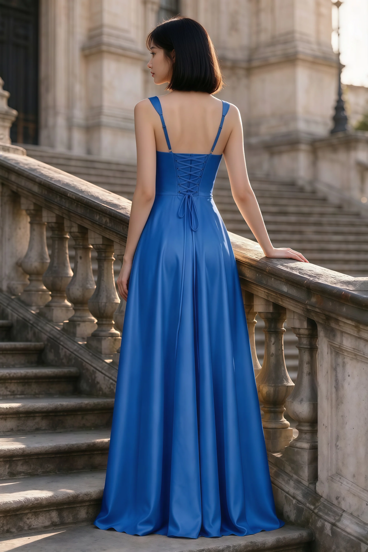 Outdoor rear view of Becky royal blue satin maxi dress showing adjustable straps and the lace-up back