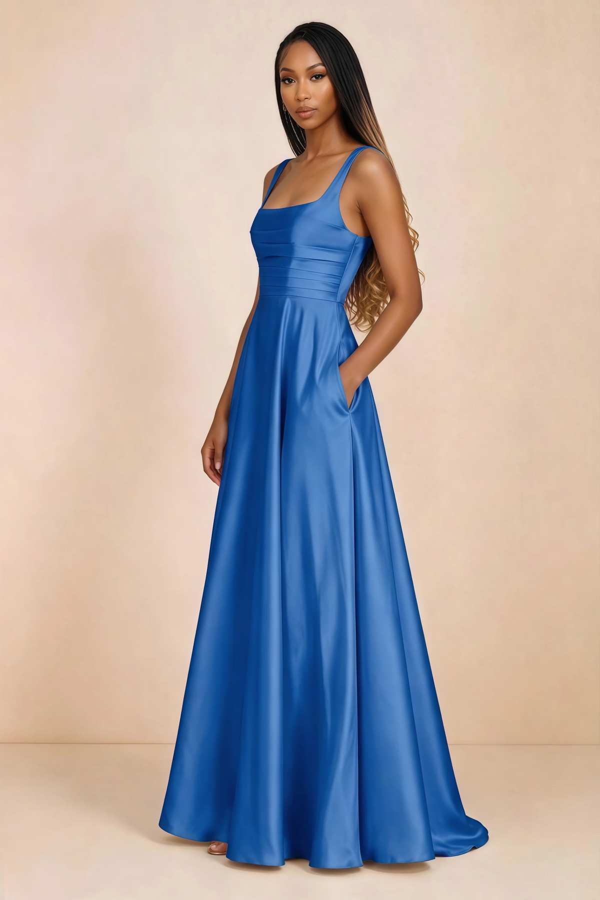Three-quarter studio view of Becky royal blue satin maxi dress with a hand resting in the side pocket
