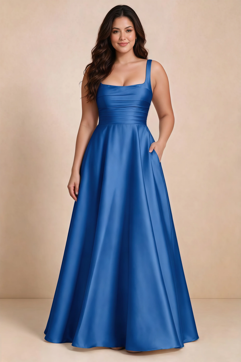 Front studio view of Becky royal blue satin maxi dress showing the defined waist and flowing skirt