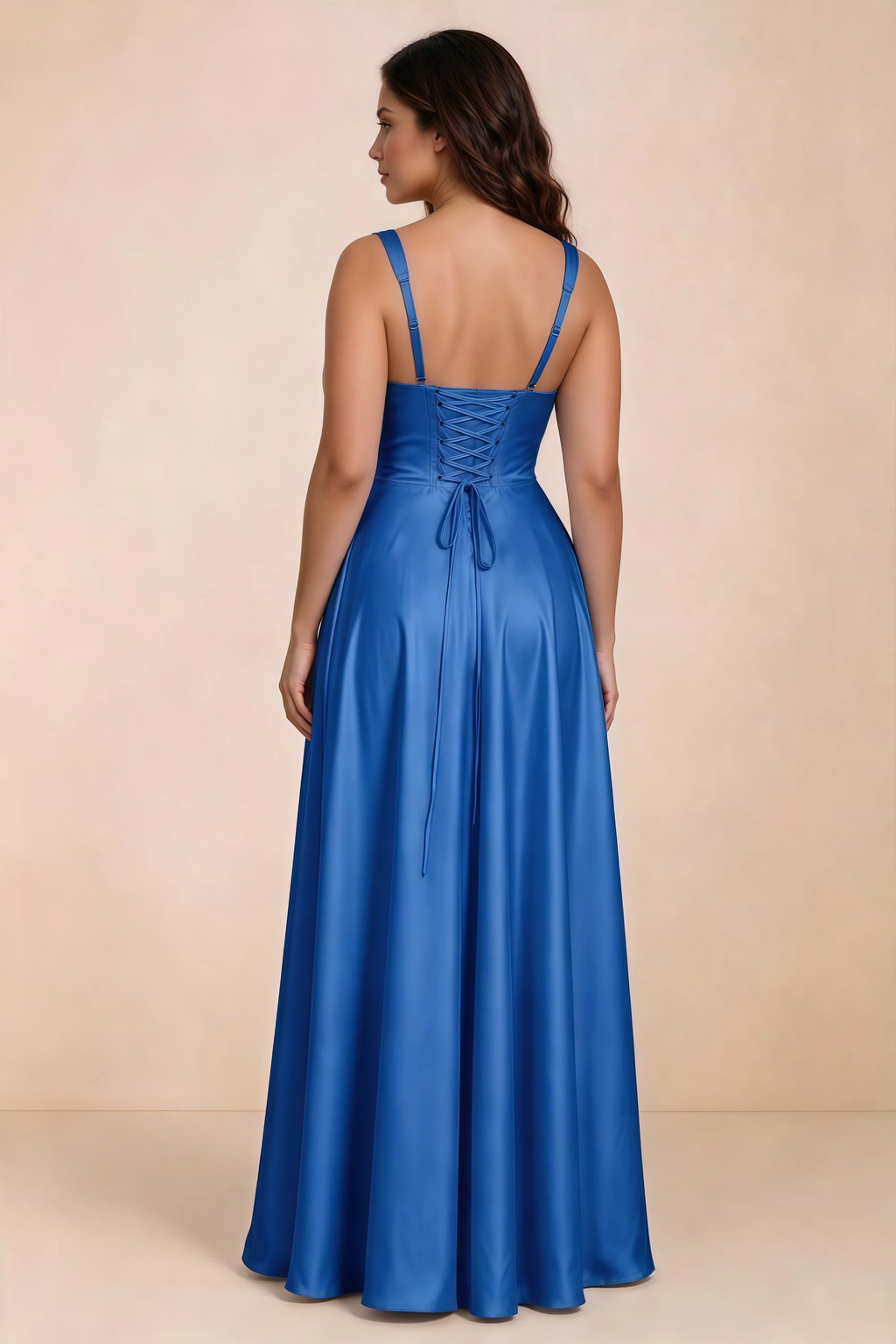 Rear studio view of Becky royal blue satin maxi dress showing crossed back lacing above the full skirt