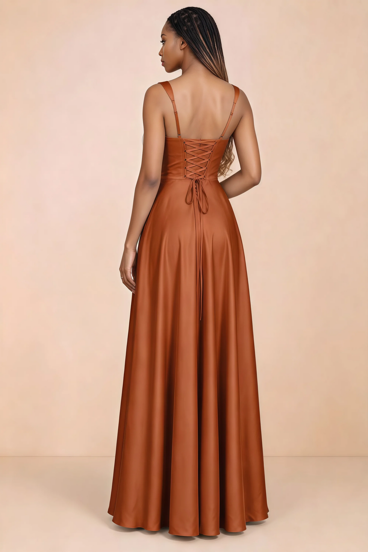 Back studio view of Becky rust satin maxi dress showing shoulder straps and waist-length lacing