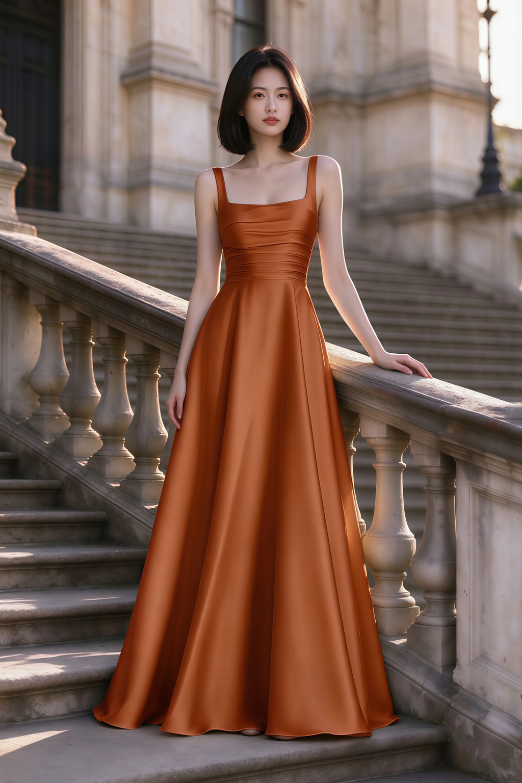 Outdoor front view of Becky rust satin maxi dress on stone steps with a floor-length A-line skirt