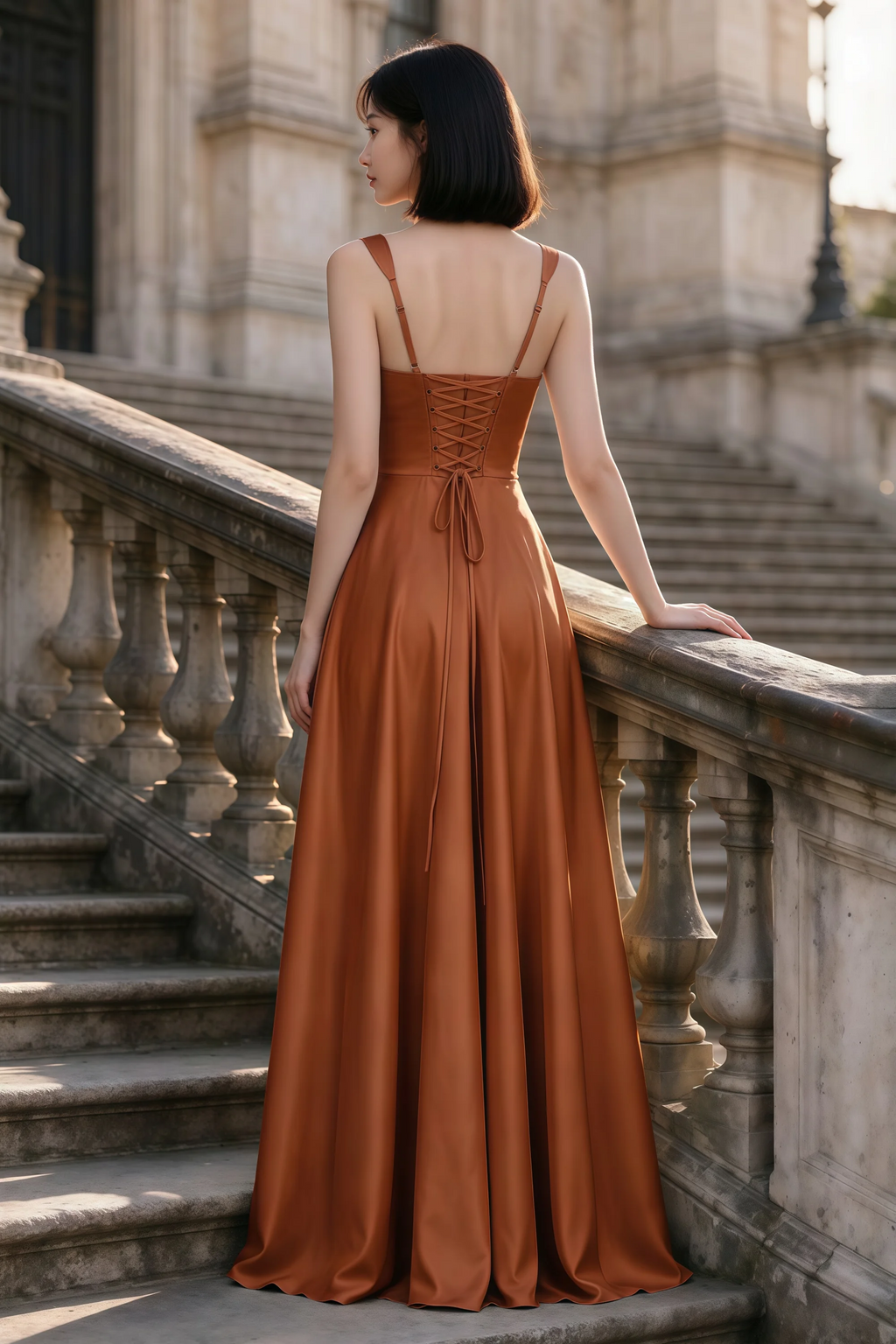 Outdoor rear view of Becky rust satin maxi dress showing adjustable straps and the lace-up back