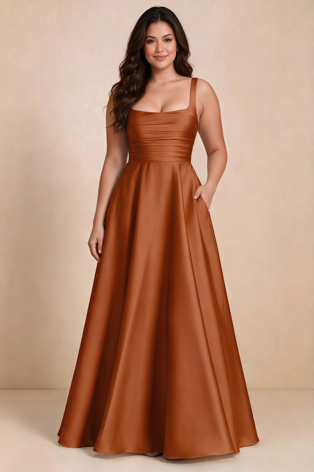 Front studio view of Becky rust satin maxi dress showing the defined waist and flowing skirt