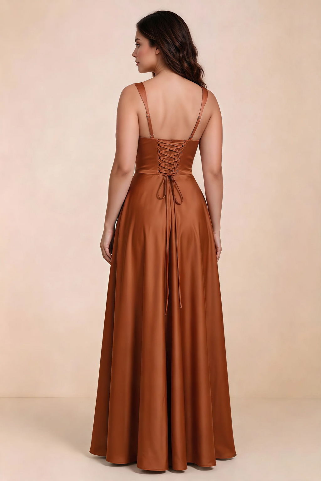 Rear studio view of Becky rust satin maxi dress showing crossed back lacing above the full skirt