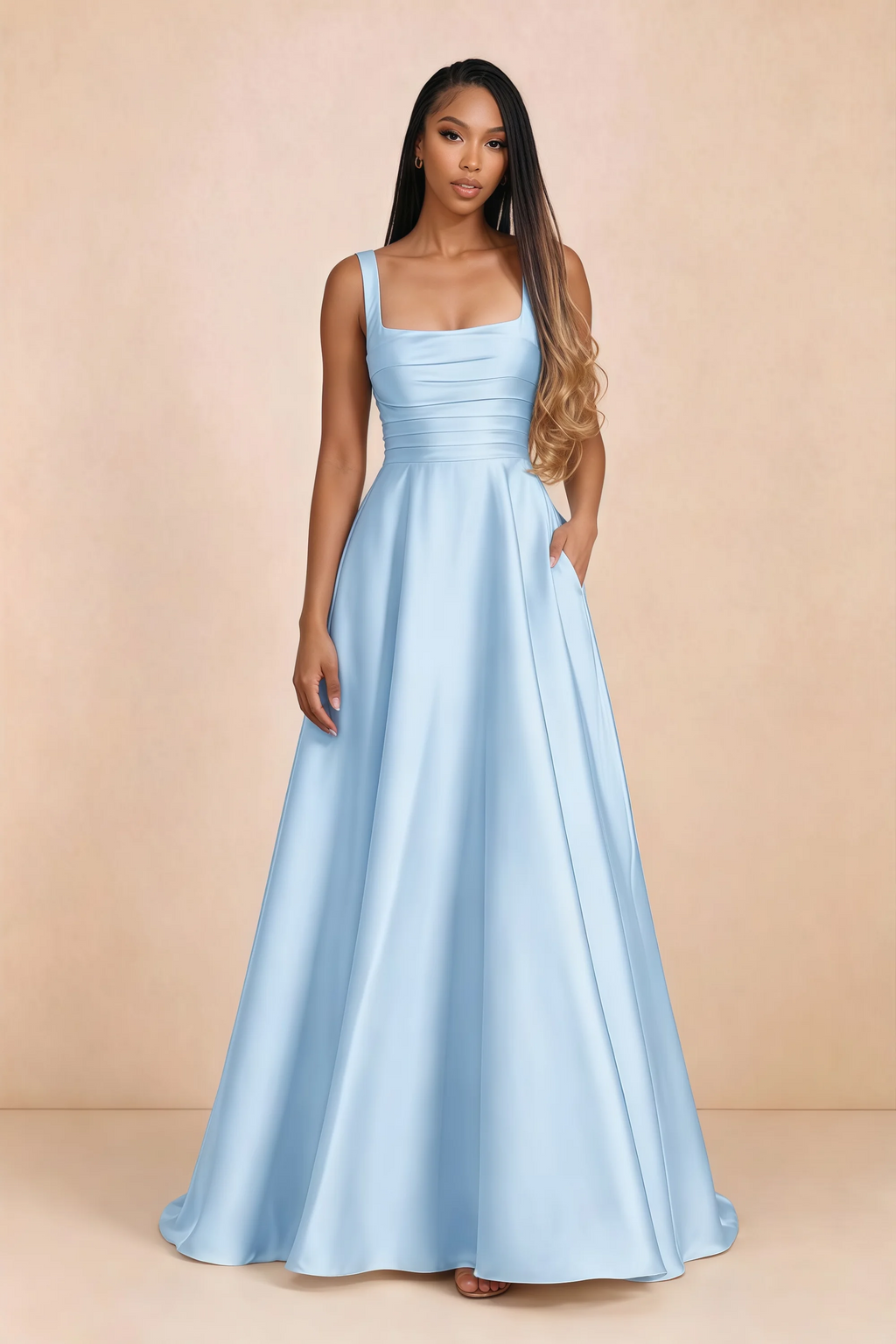 Front studio view of Becky sky blue satin maxi dress showing the square neckline, pleated bodice and full A-line skirt