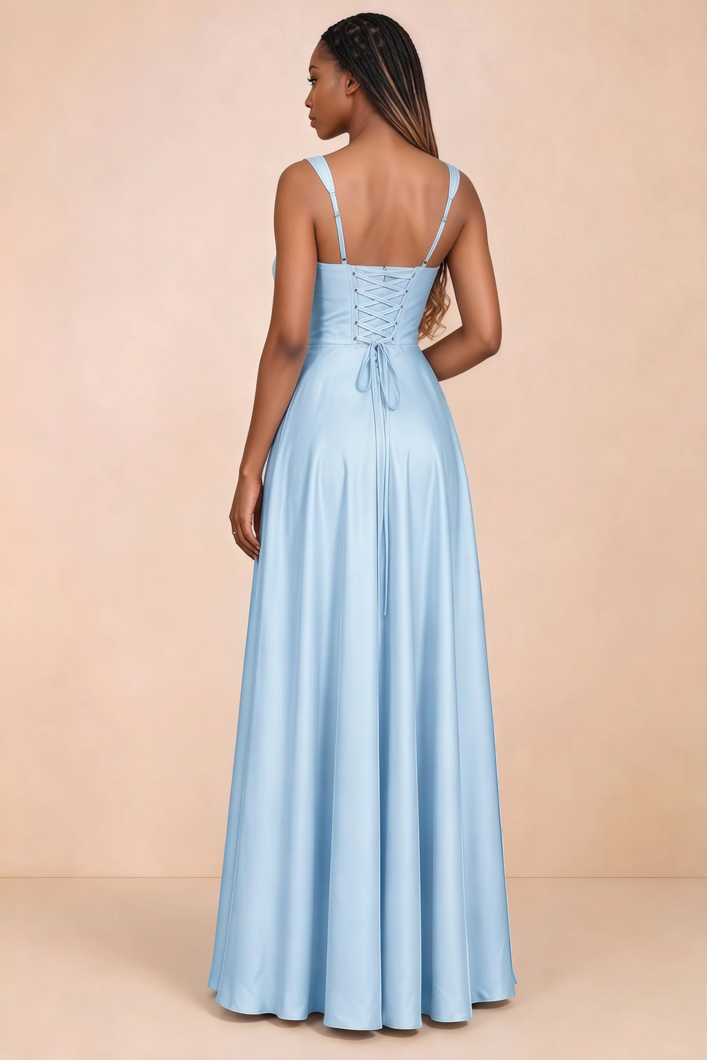 Back studio view of Becky sky blue satin maxi dress showing shoulder straps and waist-length lacing