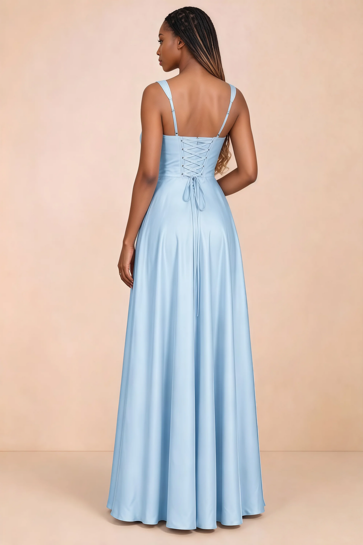 Back studio view of Becky sky blue satin maxi dress showing shoulder straps and waist-length lacing