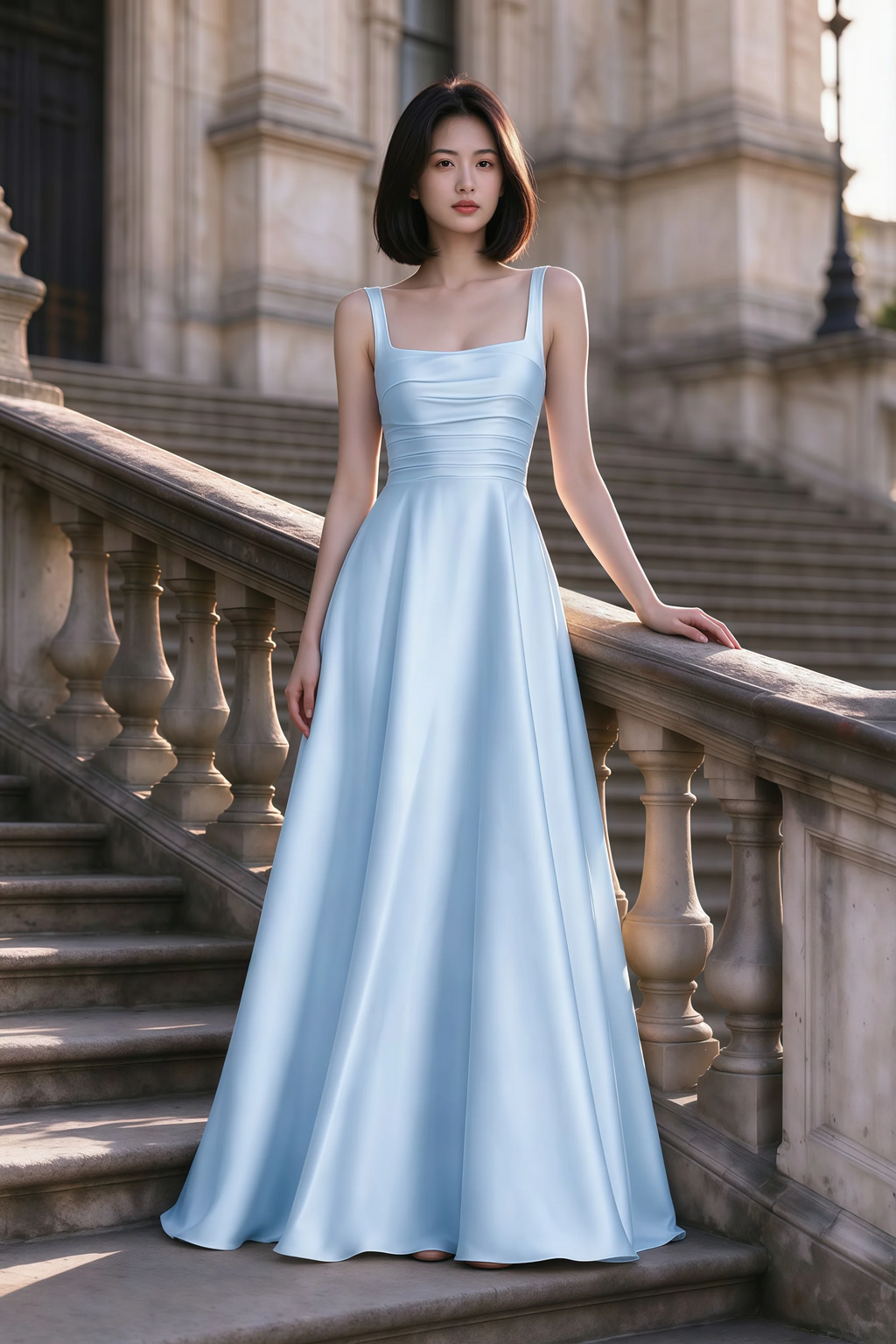 Outdoor front view of Becky sky blue satin maxi dress on stone steps with a floor-length A-line skirt