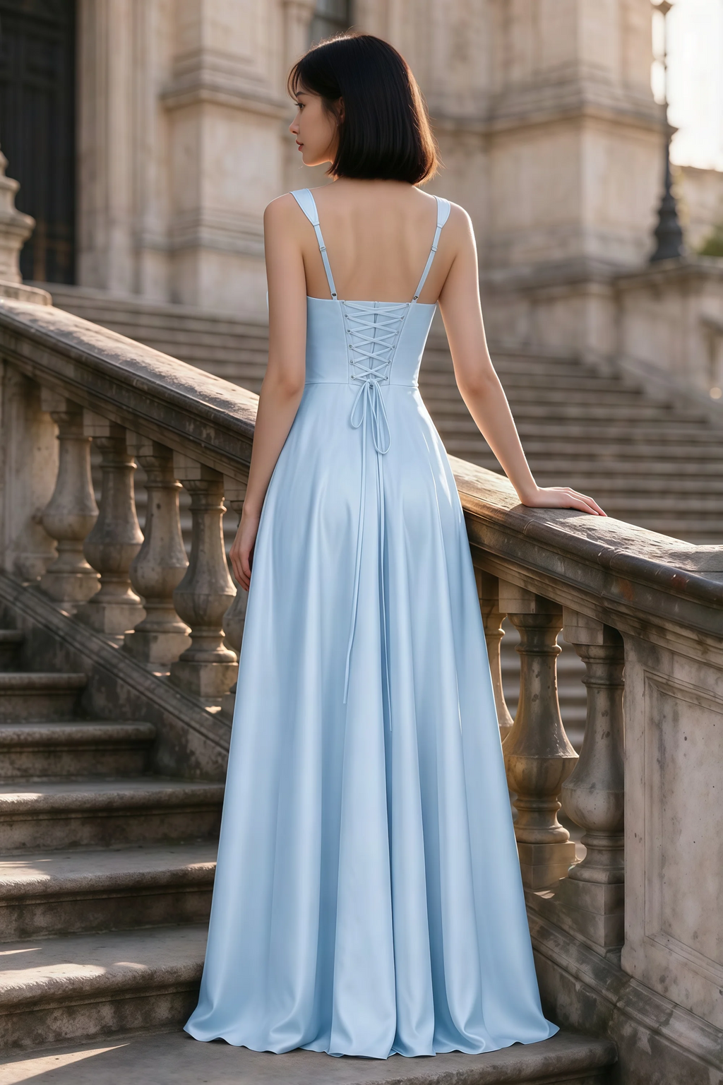 Outdoor rear view of Becky sky blue satin maxi dress showing adjustable straps and the lace-up back