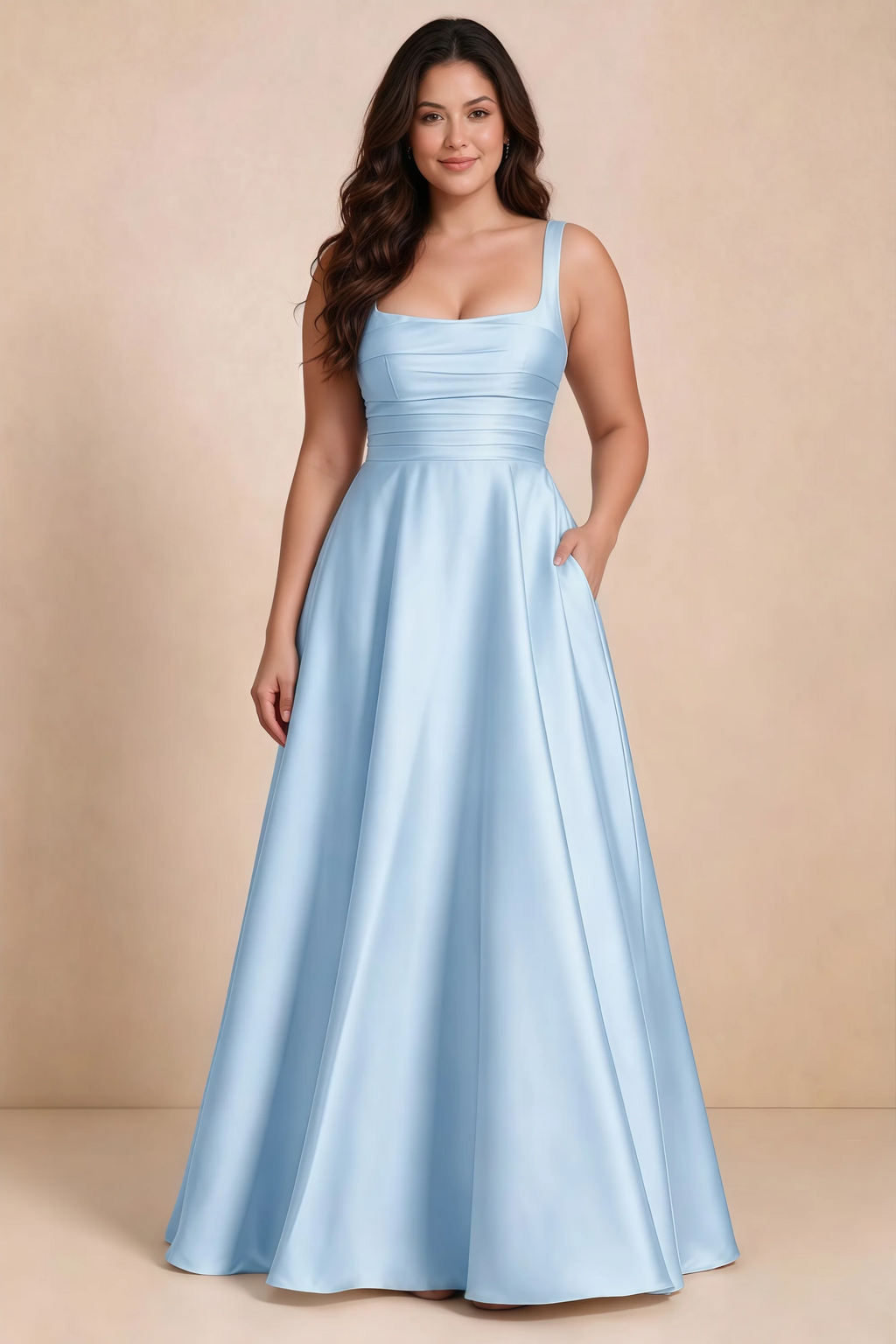 Front studio view of Becky sky blue satin maxi dress showing the defined waist and flowing skirt