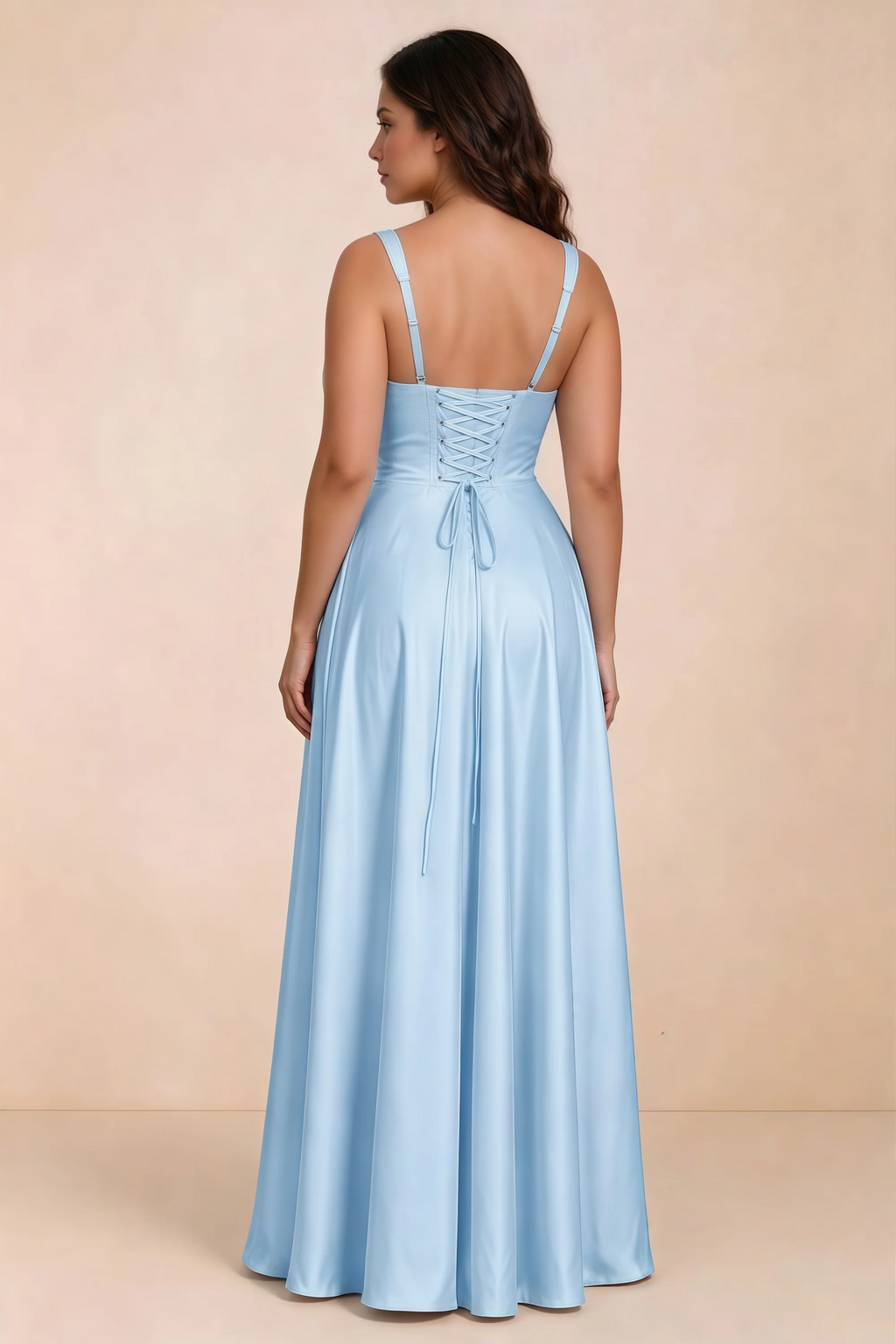 Rear studio view of Becky sky blue satin maxi dress showing crossed back lacing above the full skirt
