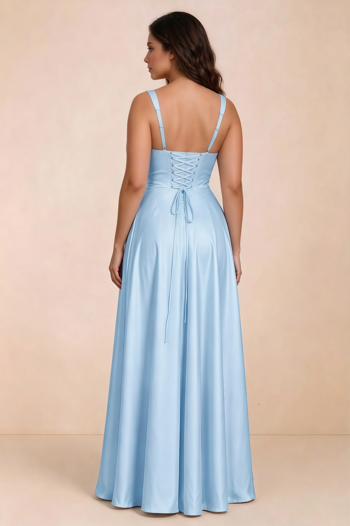 Rear studio view of Becky sky blue satin maxi dress showing crossed back lacing above the full skirt